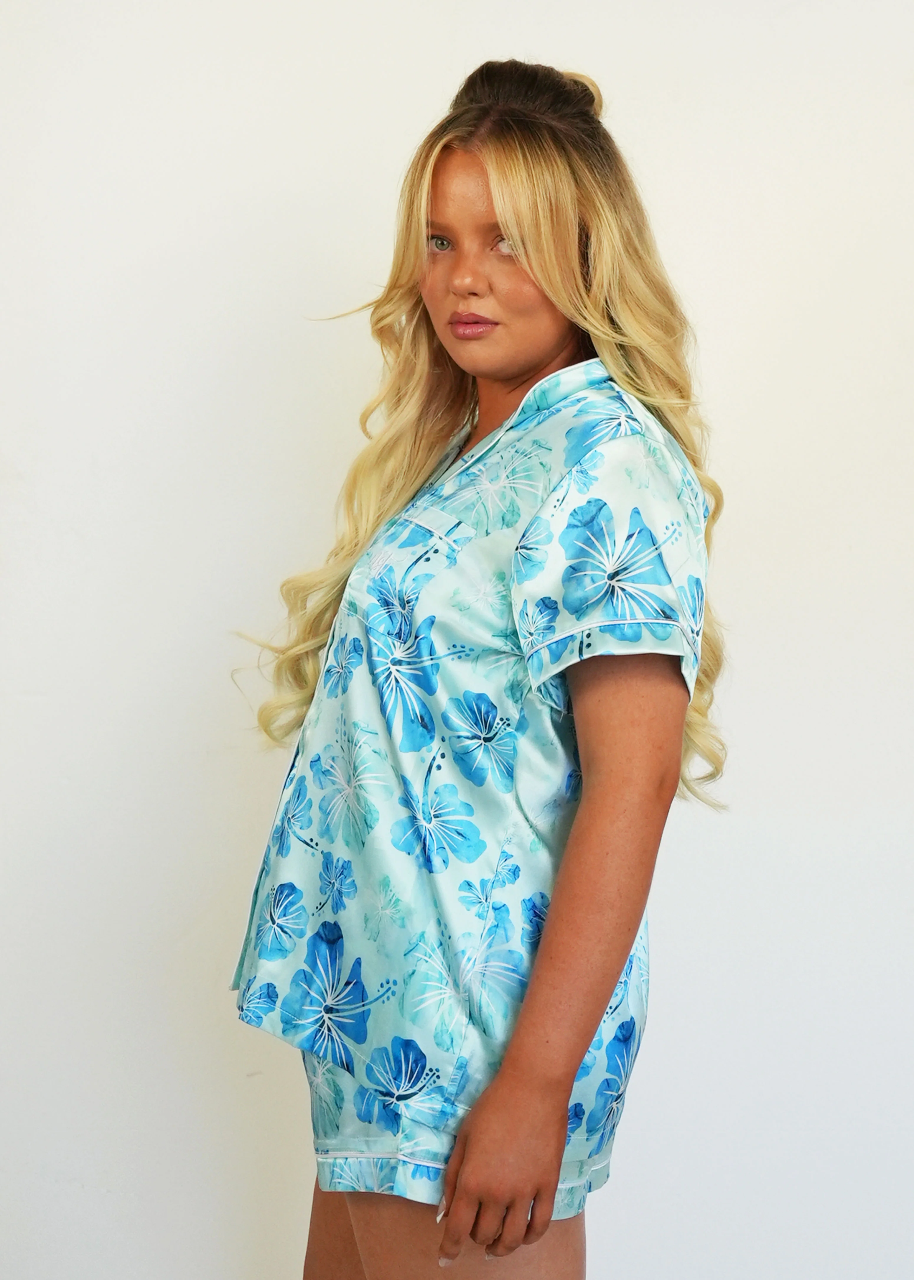 Aqua Hibiscus Short Satin PJ Set - Image 5