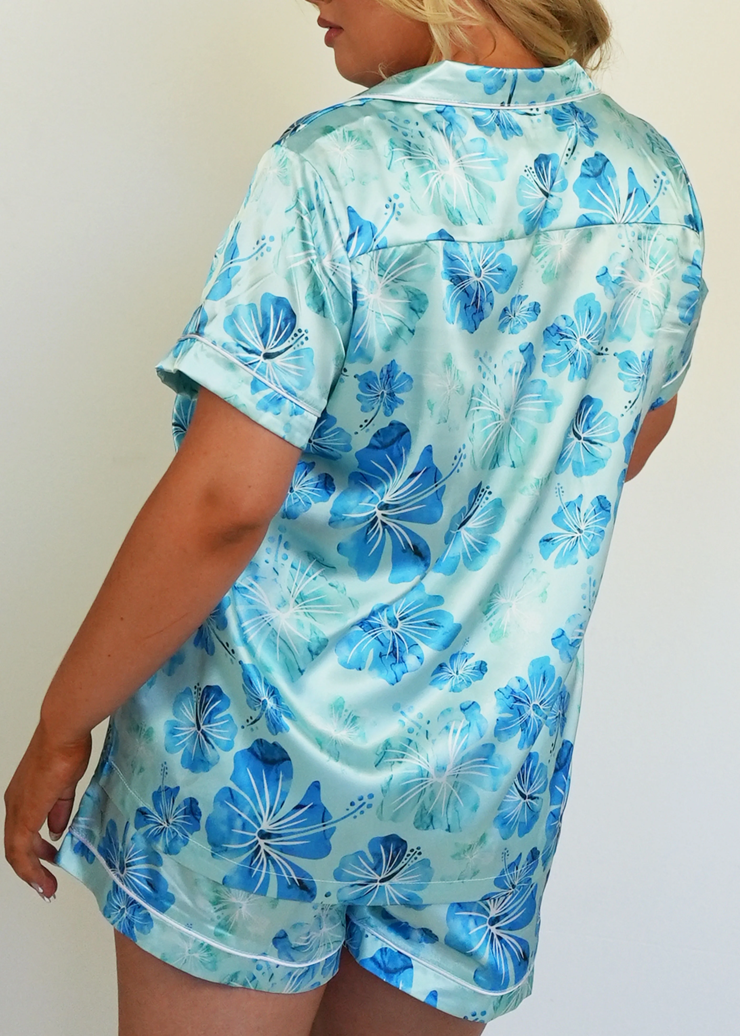 Aqua Hibiscus Short Satin PJ Set - Image 6
