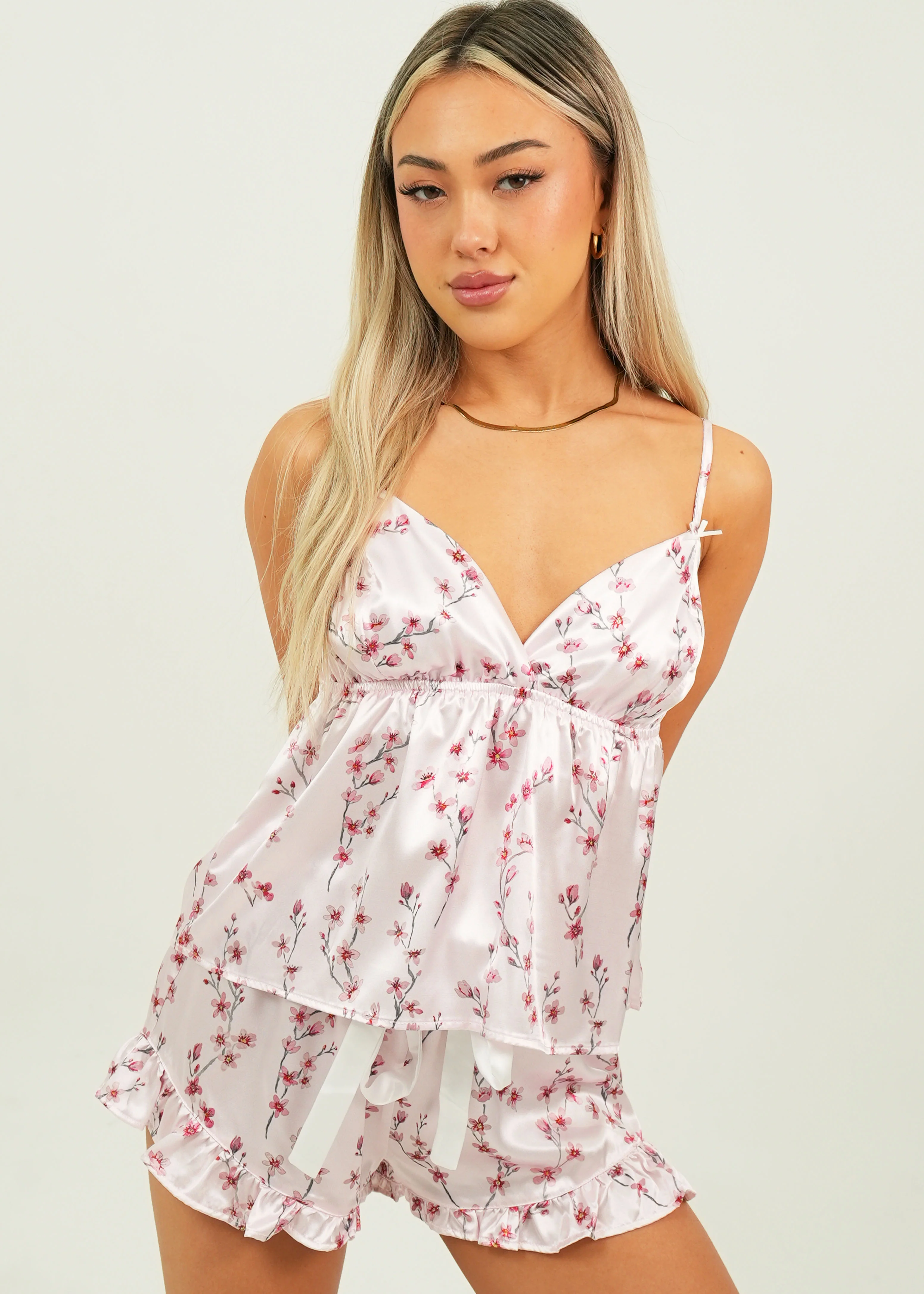 Cherry Blossom Satin Short Camisole PJ Set - Image 4