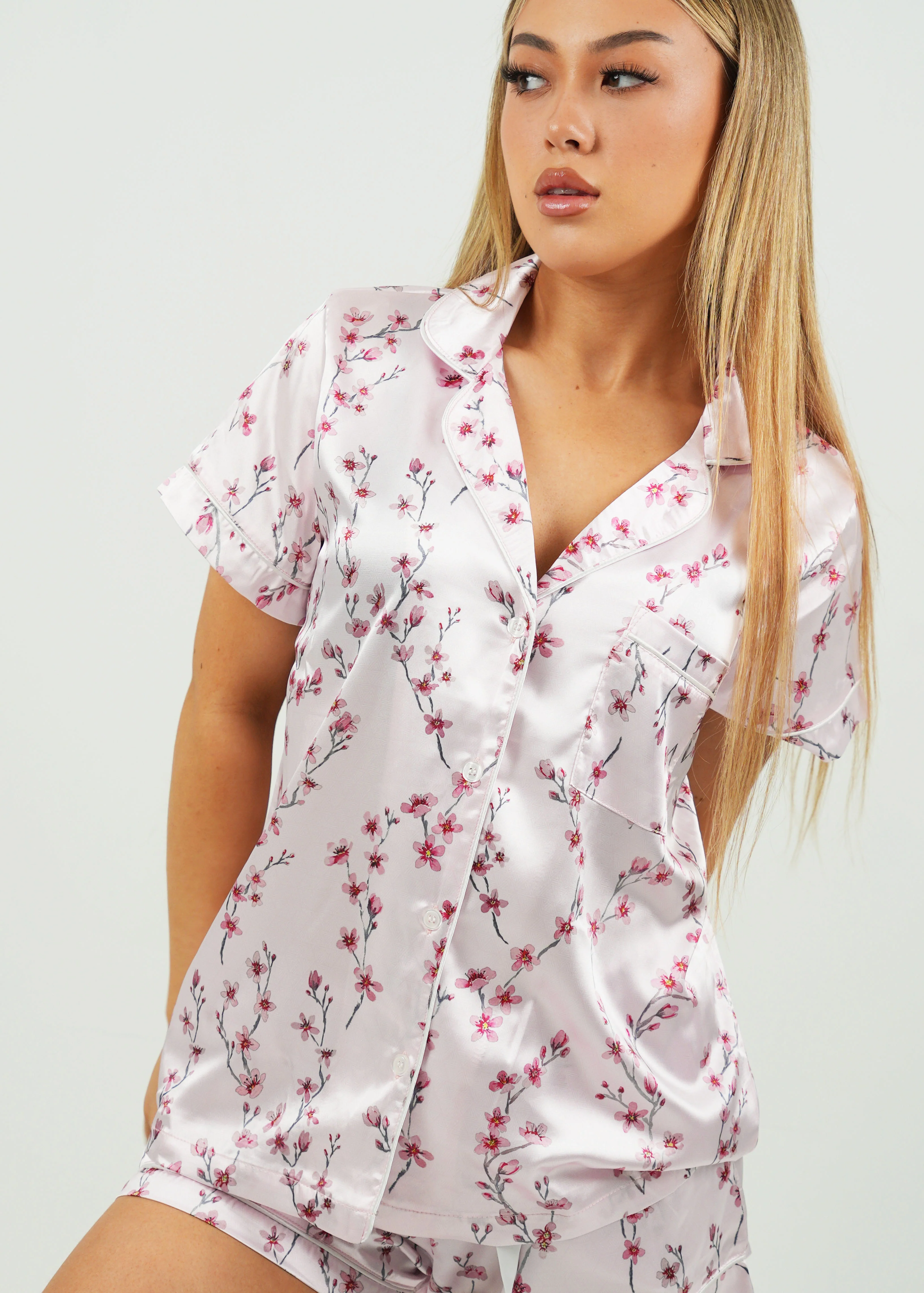 Cherry Blossom Satin Short PJ Set - Image 4