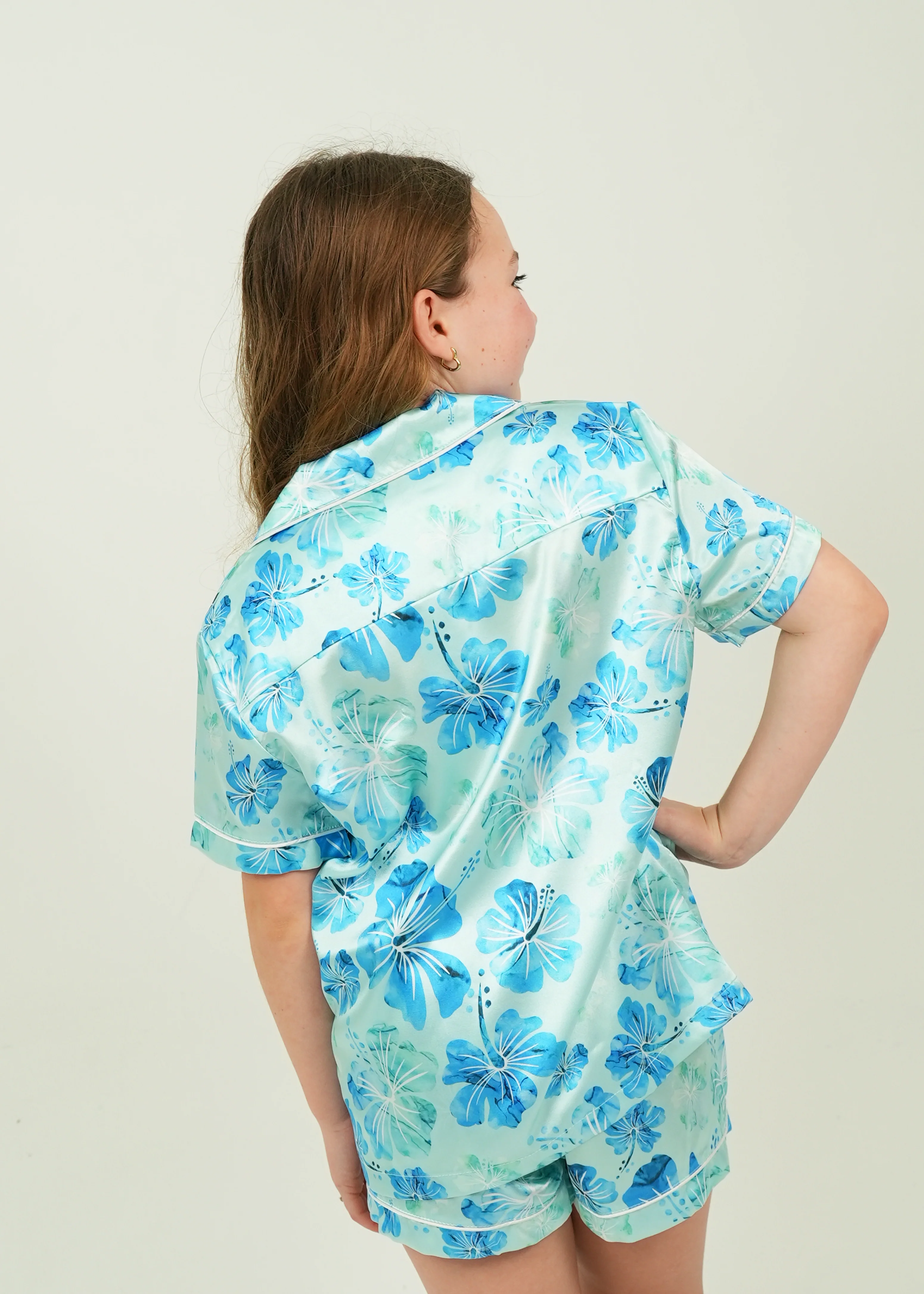 Girls Aqua Hibiscus Satin Short Pyjama Set - Image 3