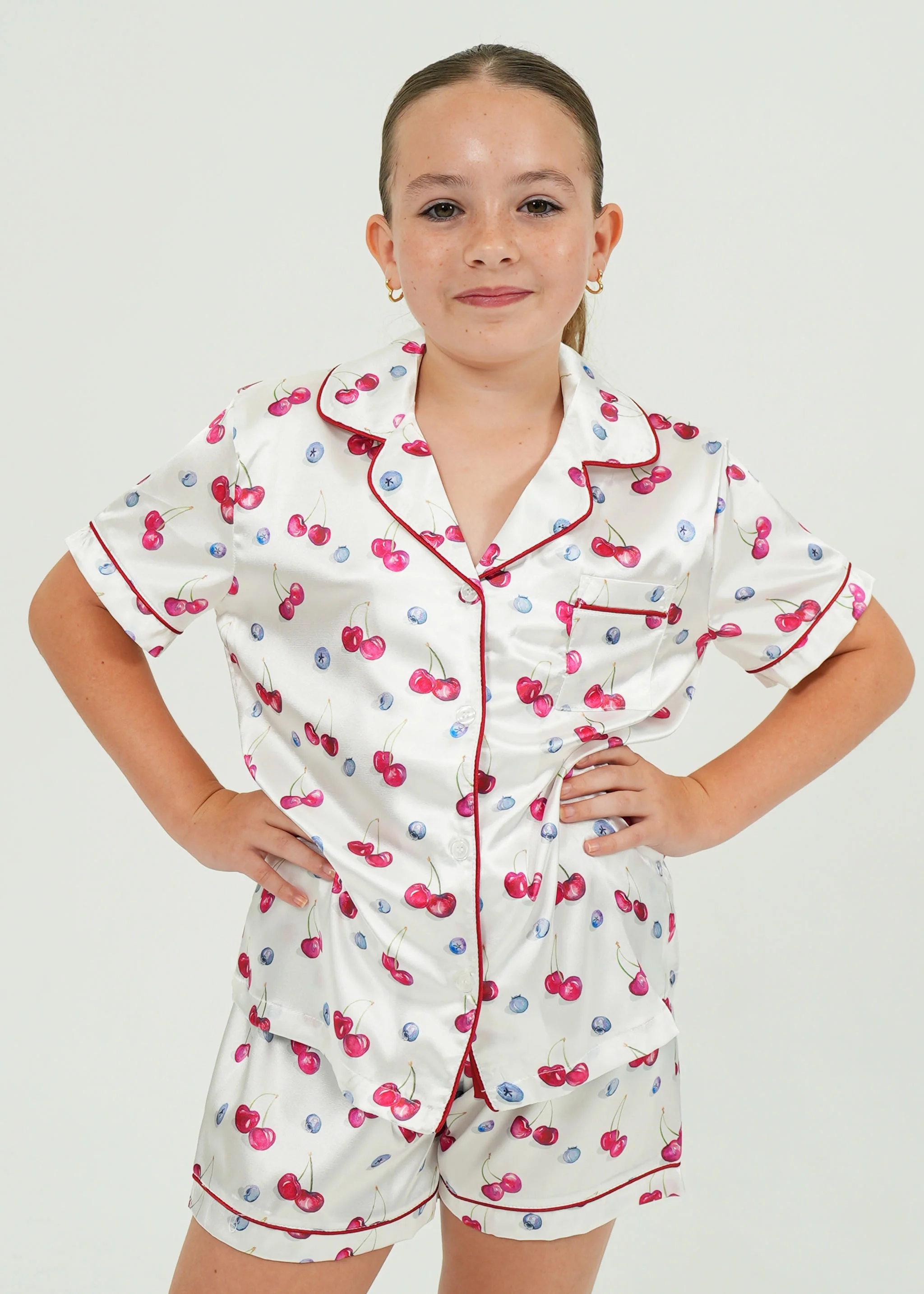 Girls Cherries and Berries Satin Short Pyjama Set - Image 4