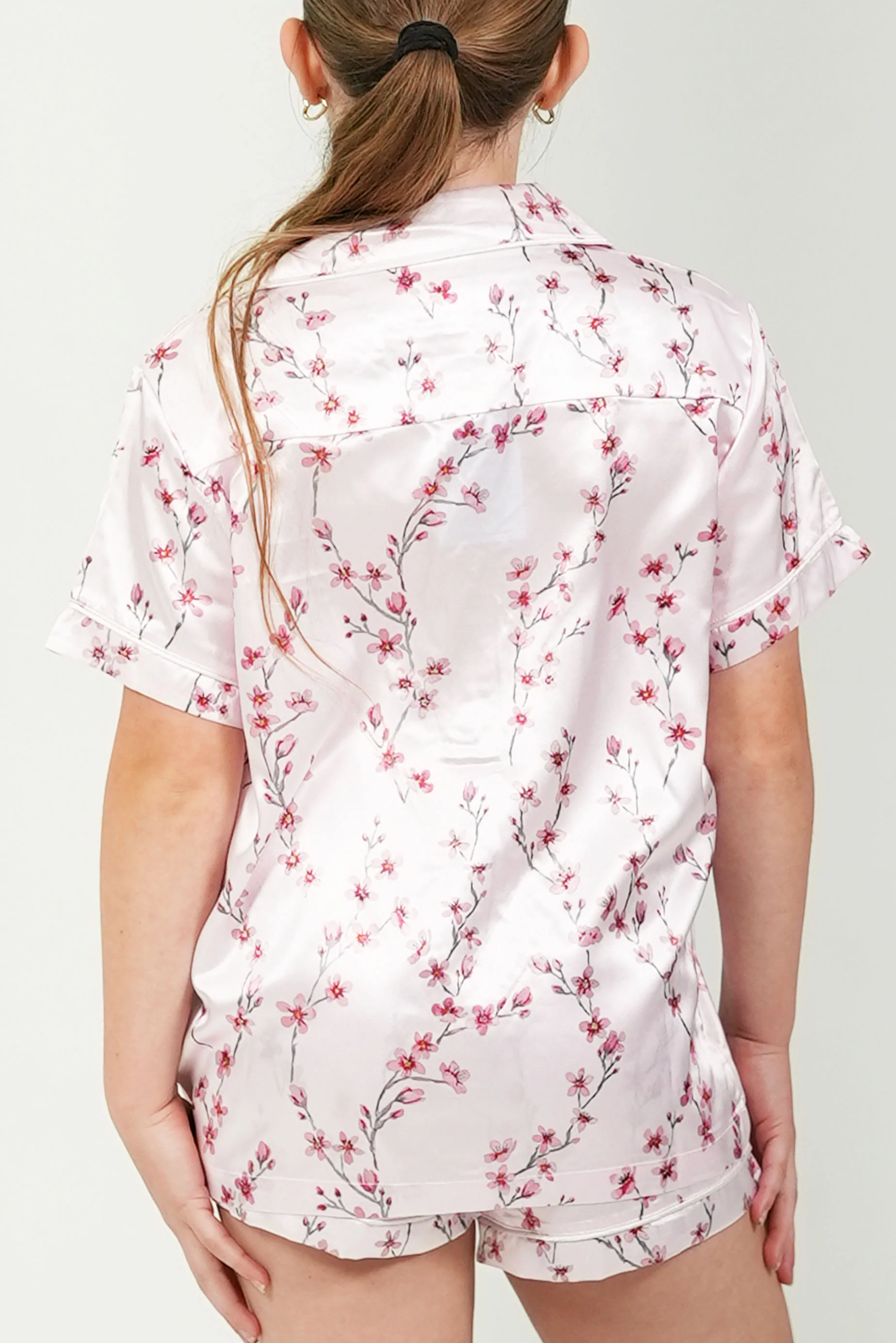 Girls Cherry Blossom Satin Short Pyjama Set - Image 3