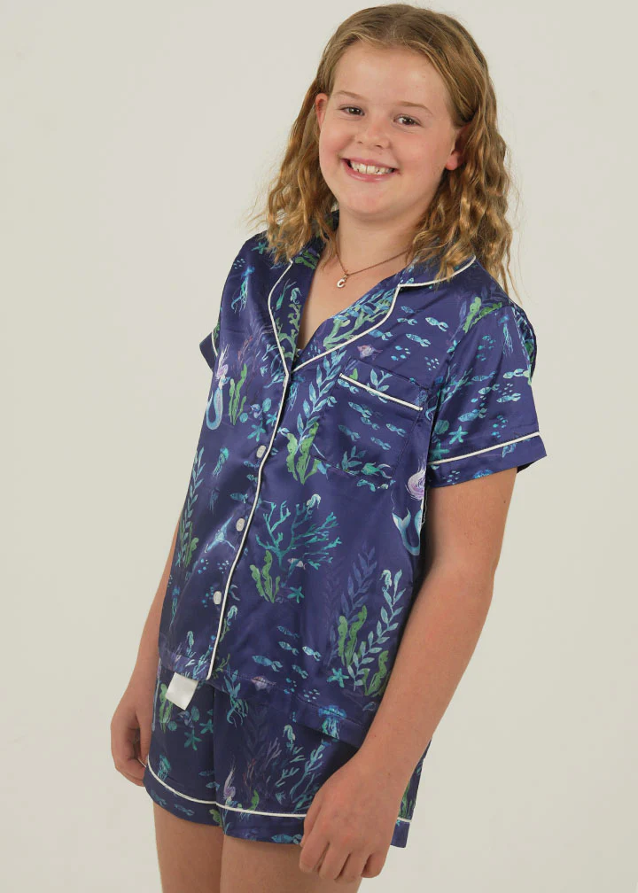 Girls Deep Sea Satin Short Pyjama Set - Image 3