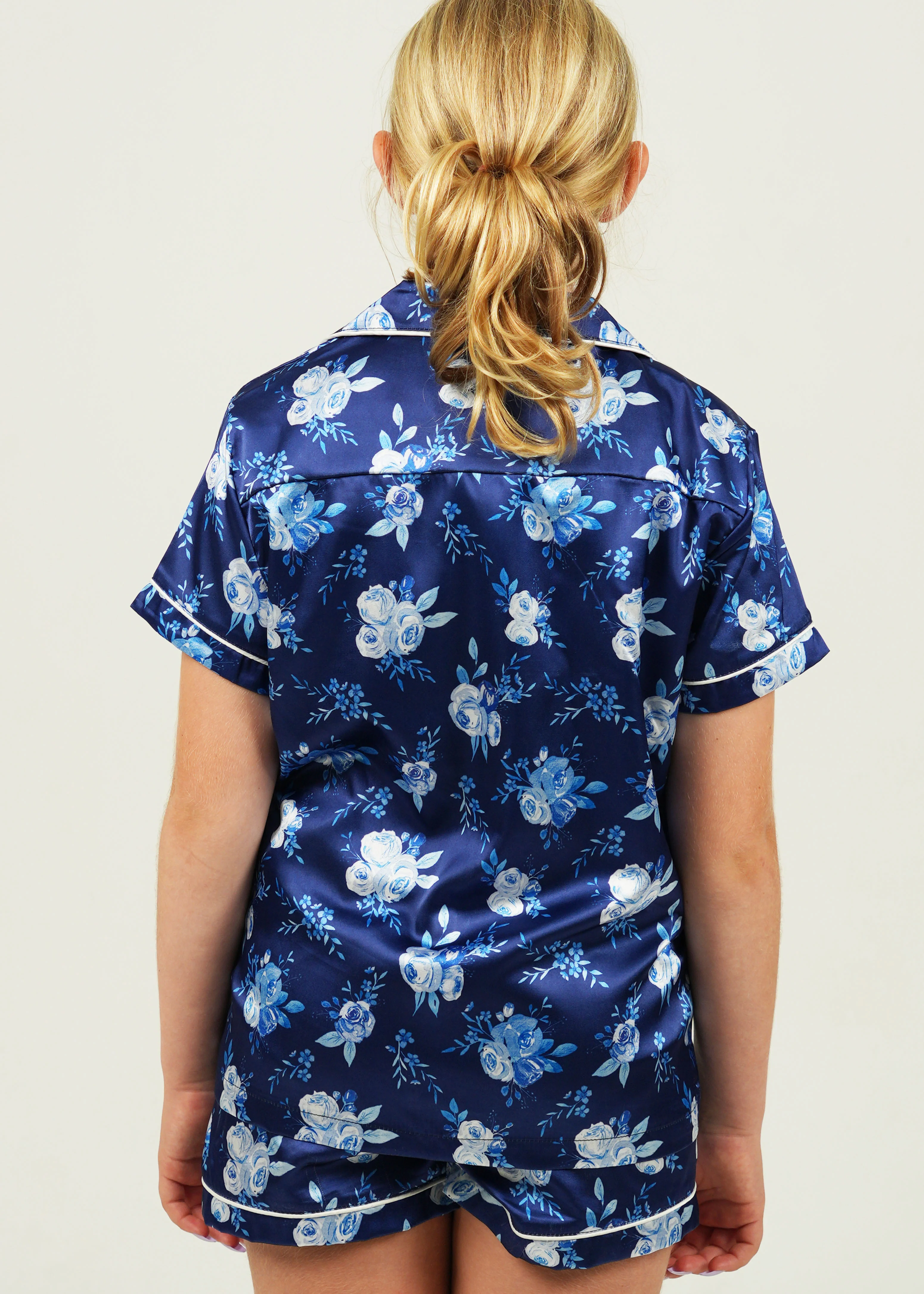 Girls Navy Blossom Satin Short Pyjama Set - Image 3