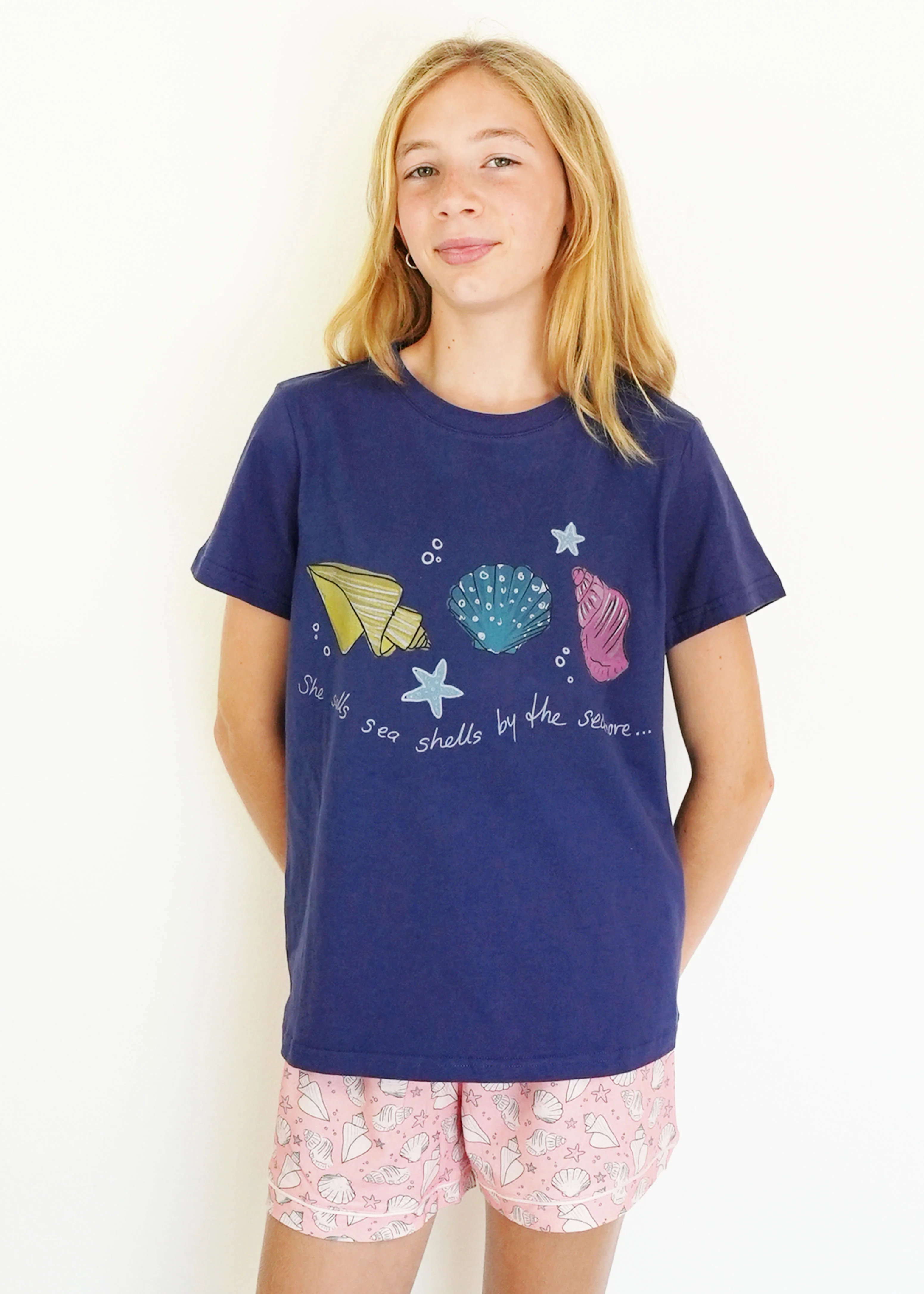 Girls - Navy Seashells T-Shirt & Short Pants PJ Set - Image 3