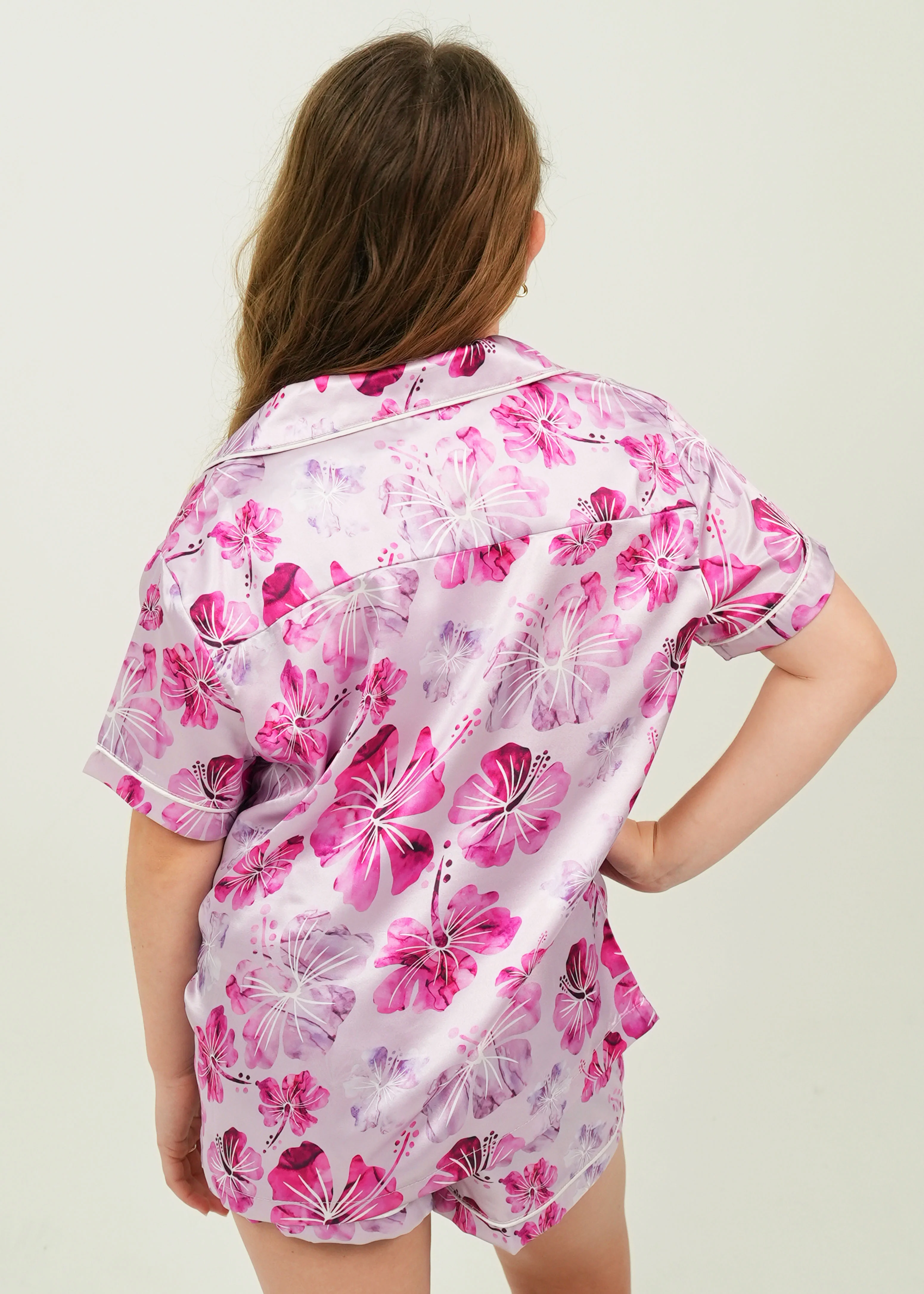 Girls Pink Hibiscus Satin Short Pyjama Set - Image 3