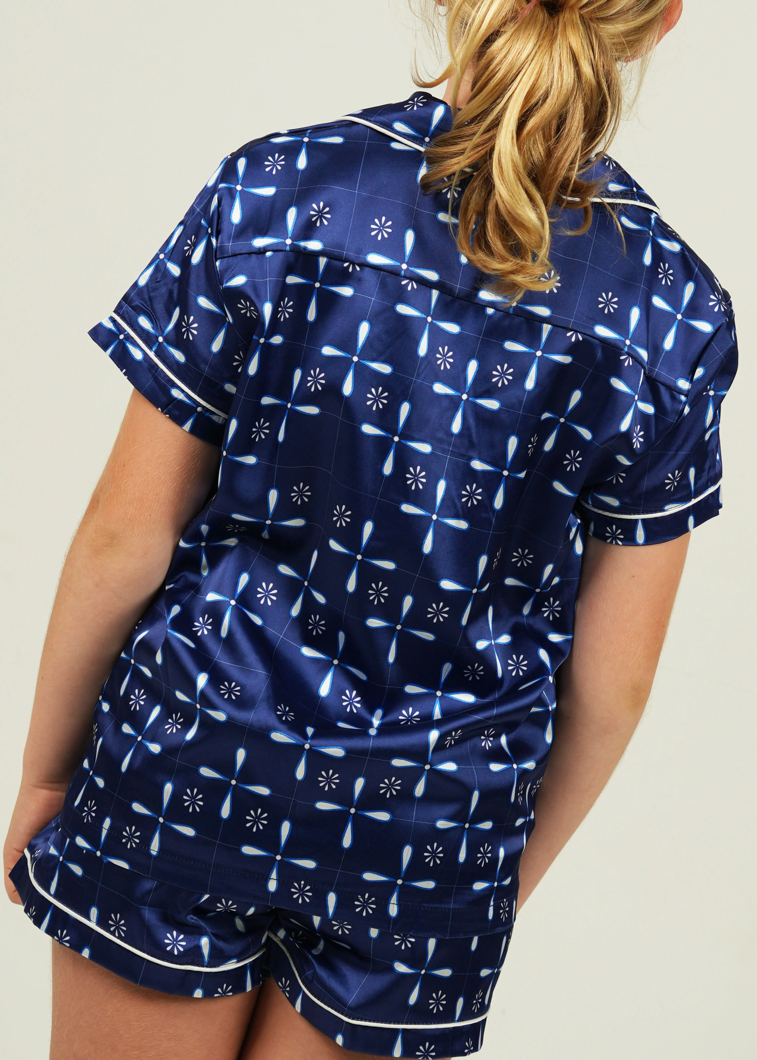 Girls Seaside Navy Satin Short Pyjama Set - Image 3