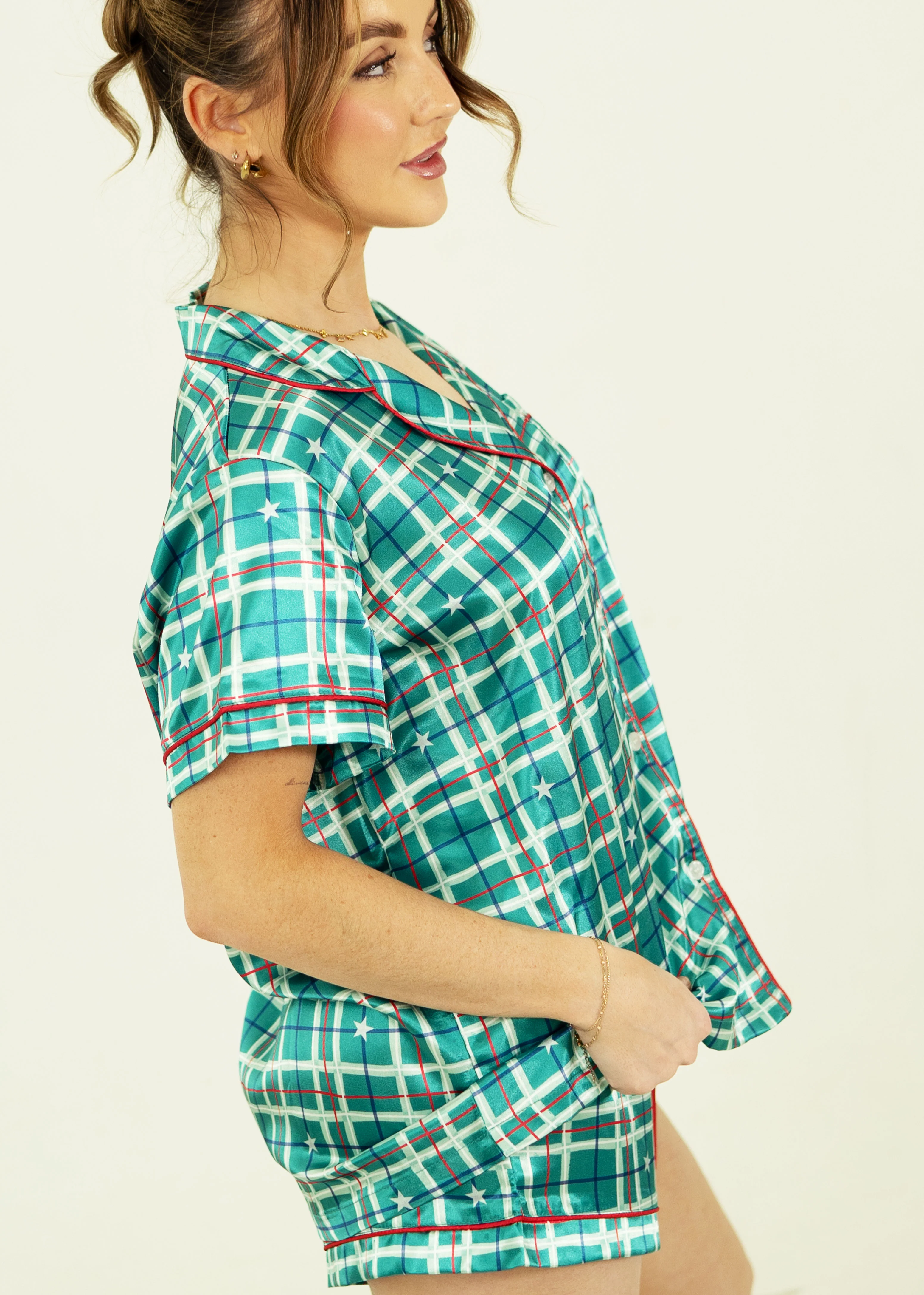 Starry Tartan Green Satin Short PJ Set - Image 4