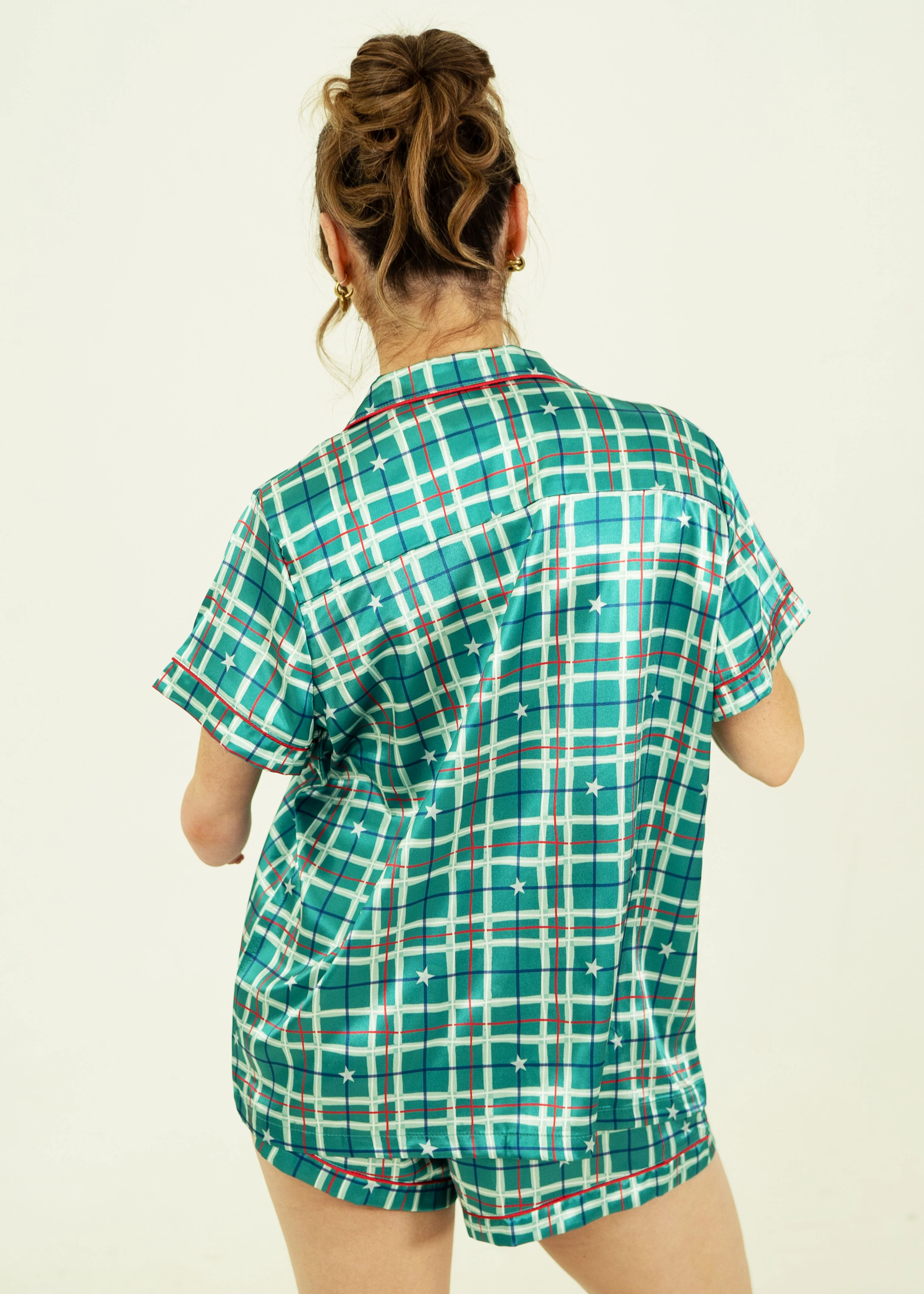 Starry Tartan Green Satin Short PJ Set - Image 5