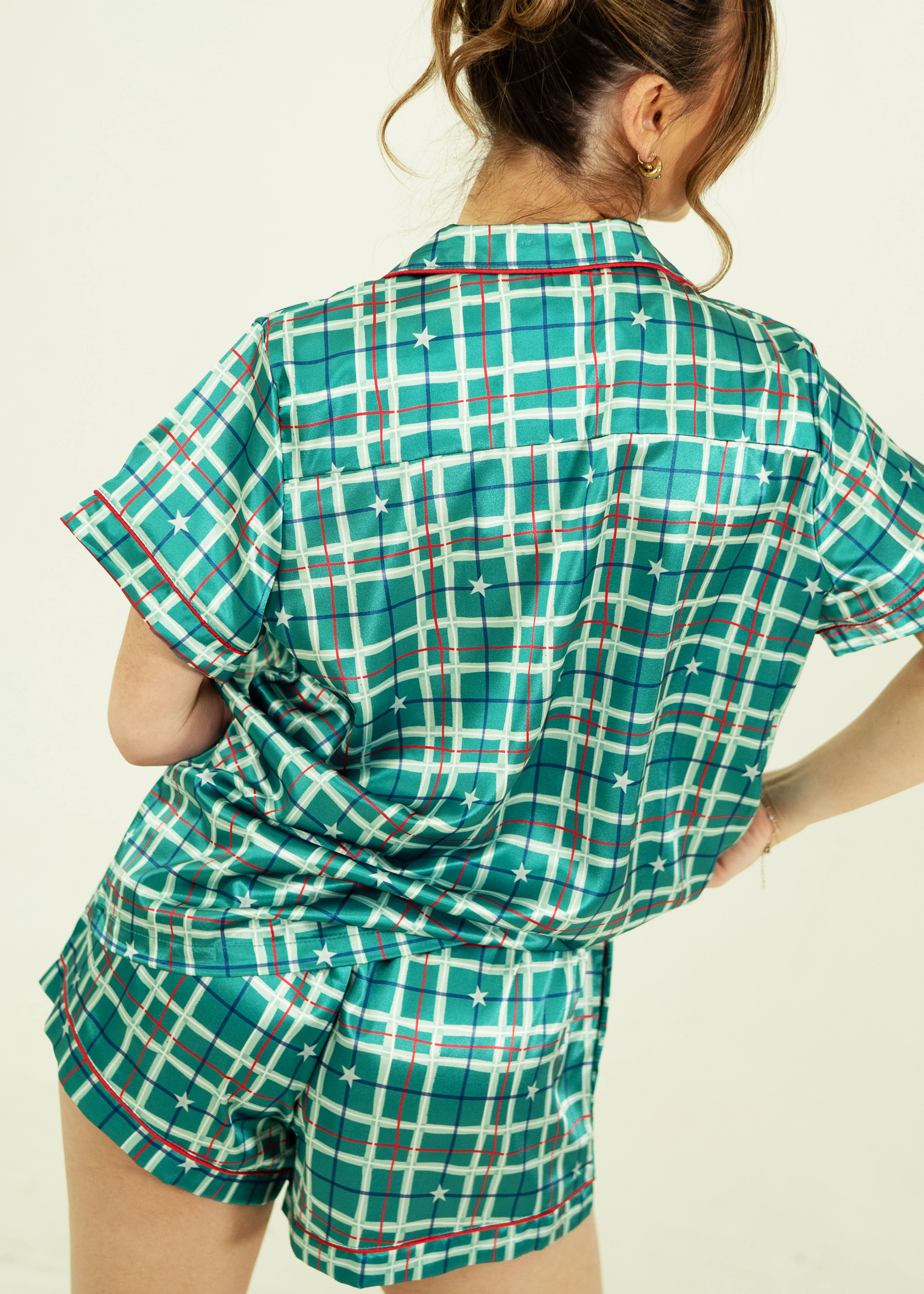 Starry Tartan Green Satin Short PJ Set - Image 6