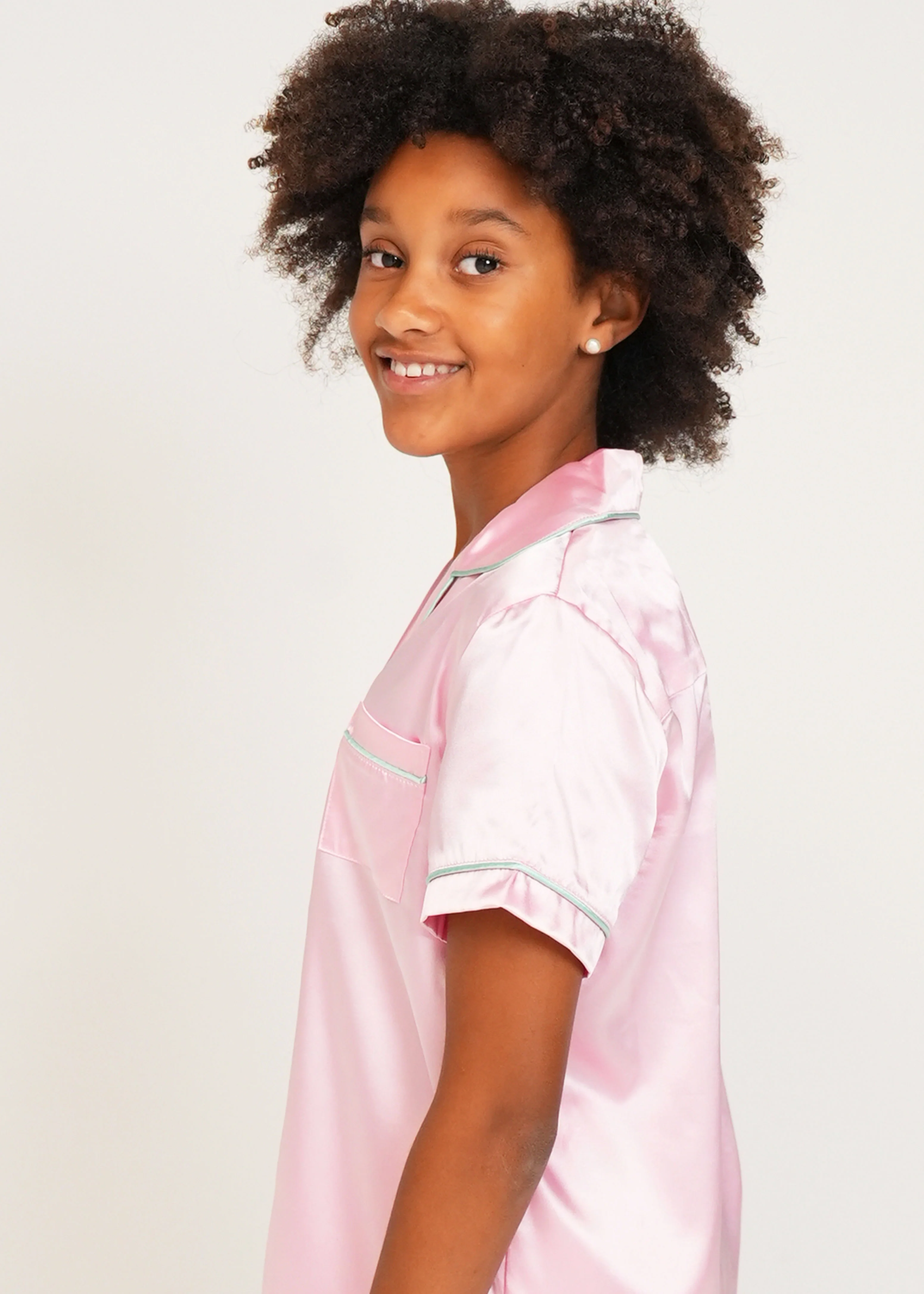Girls Blush Pink Satin Short Pyjama Set - Image 4
