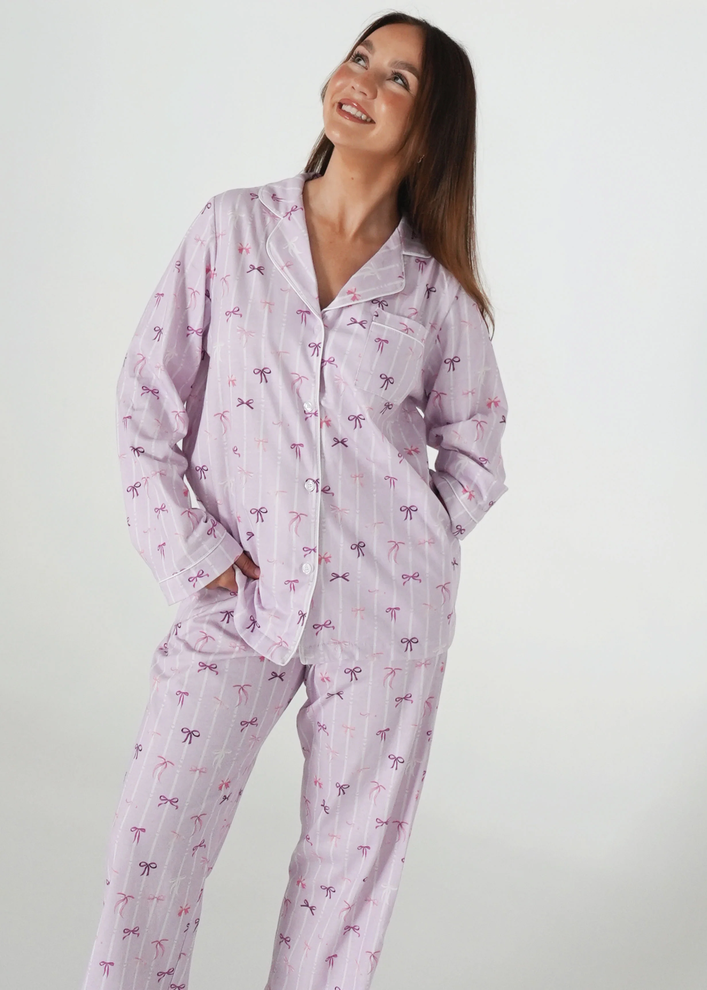 Lilac Ballet Bows Jersey Knit Cotton Long PJ Set - Image 4