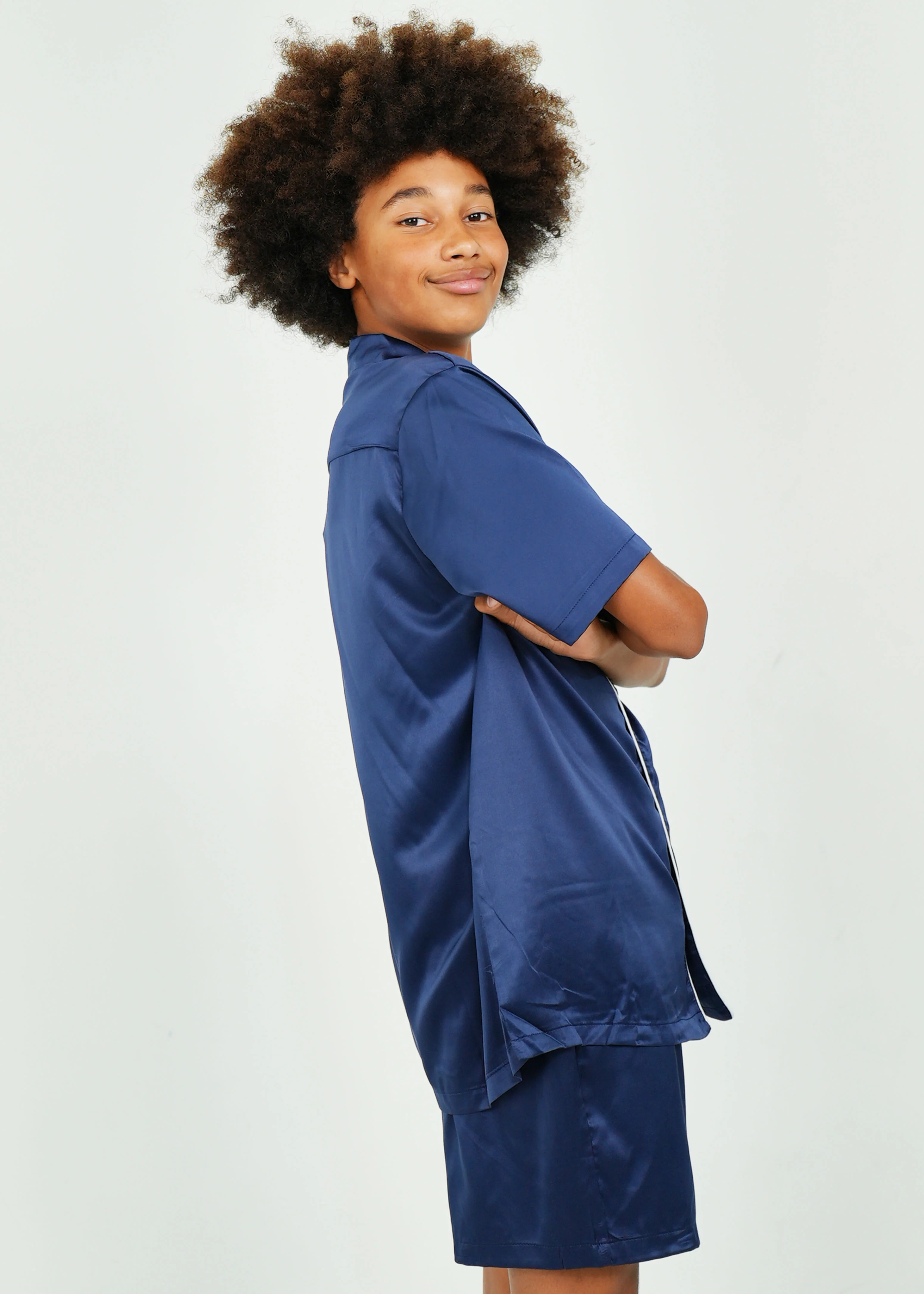 Mens Navy Matte Satin Short Pyjama Set - Image 3