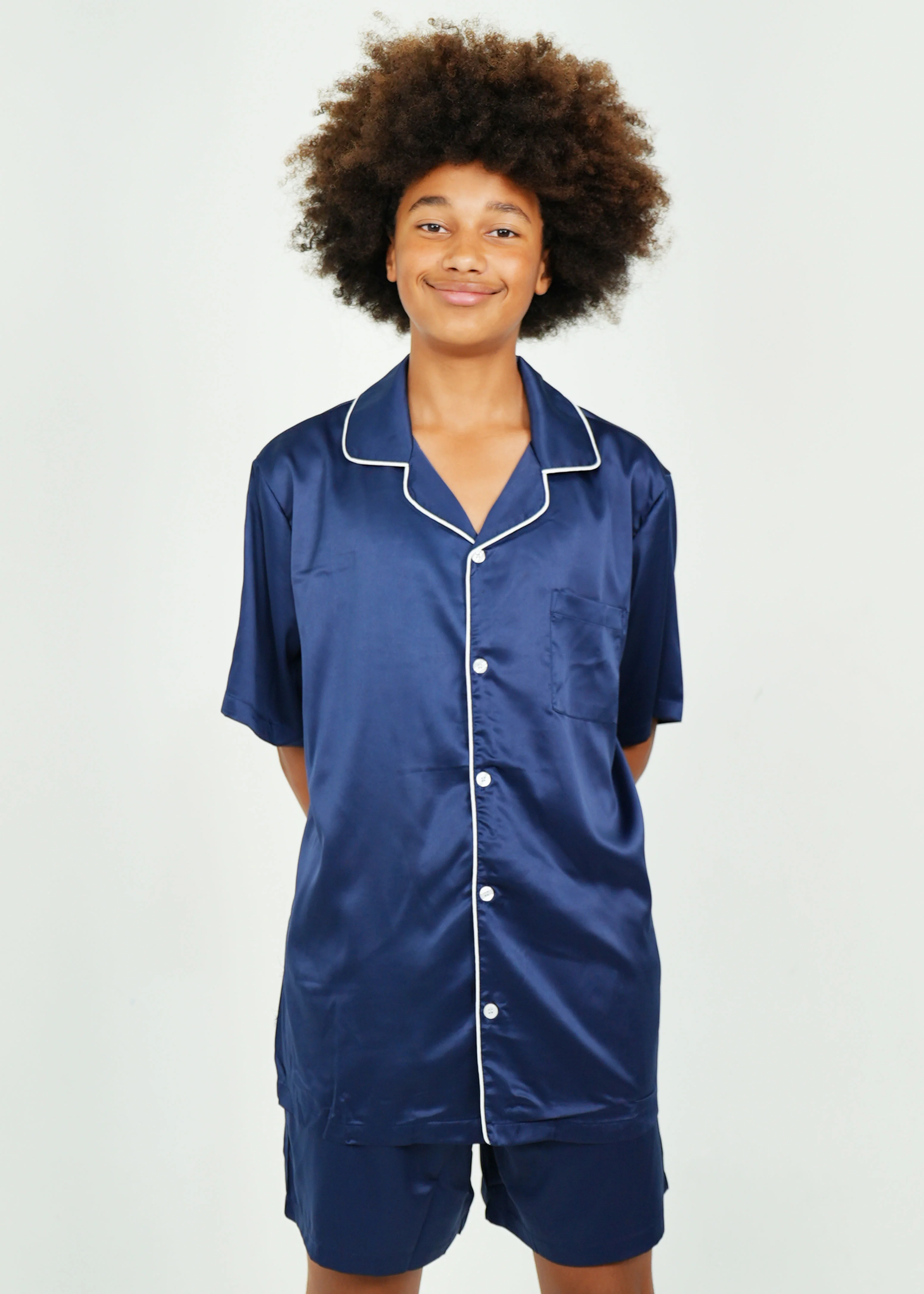 Mens Navy Matte Satin Short Pyjama Set - Image 4