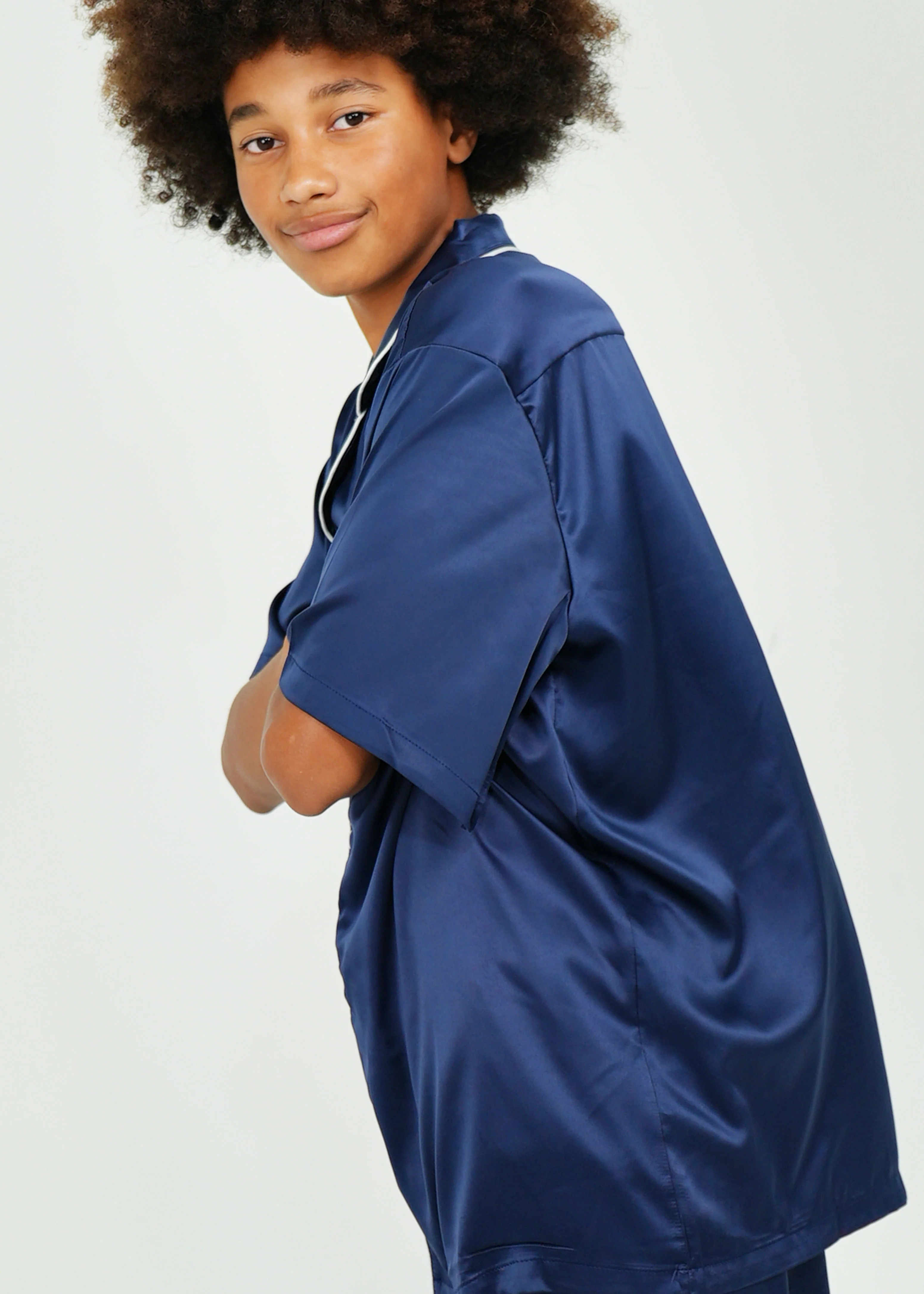 Mens Navy Matte Satin Short Pyjama Set - Image 5