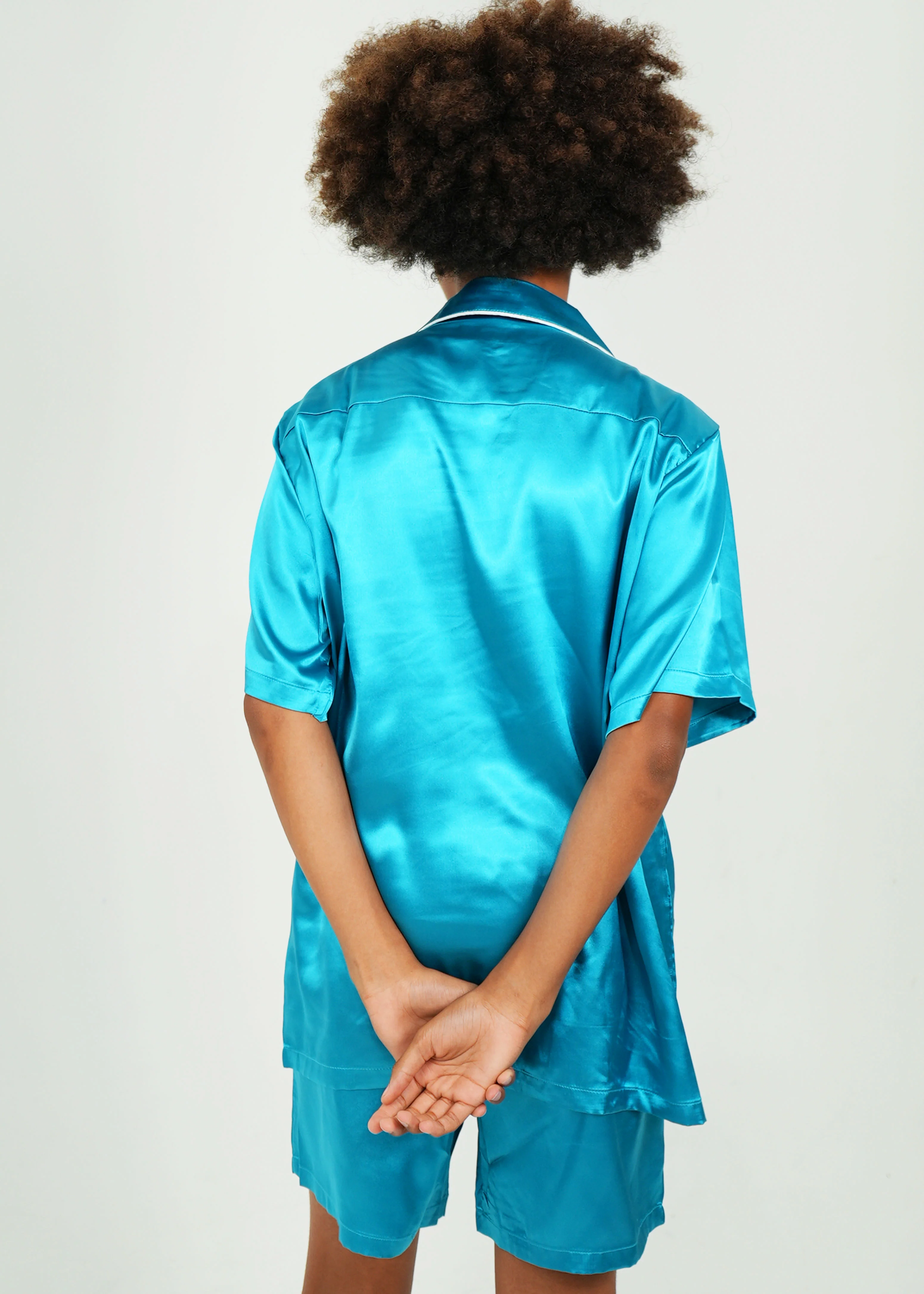 Mens Turquoise Satin Short Pyjama Set - Image 3