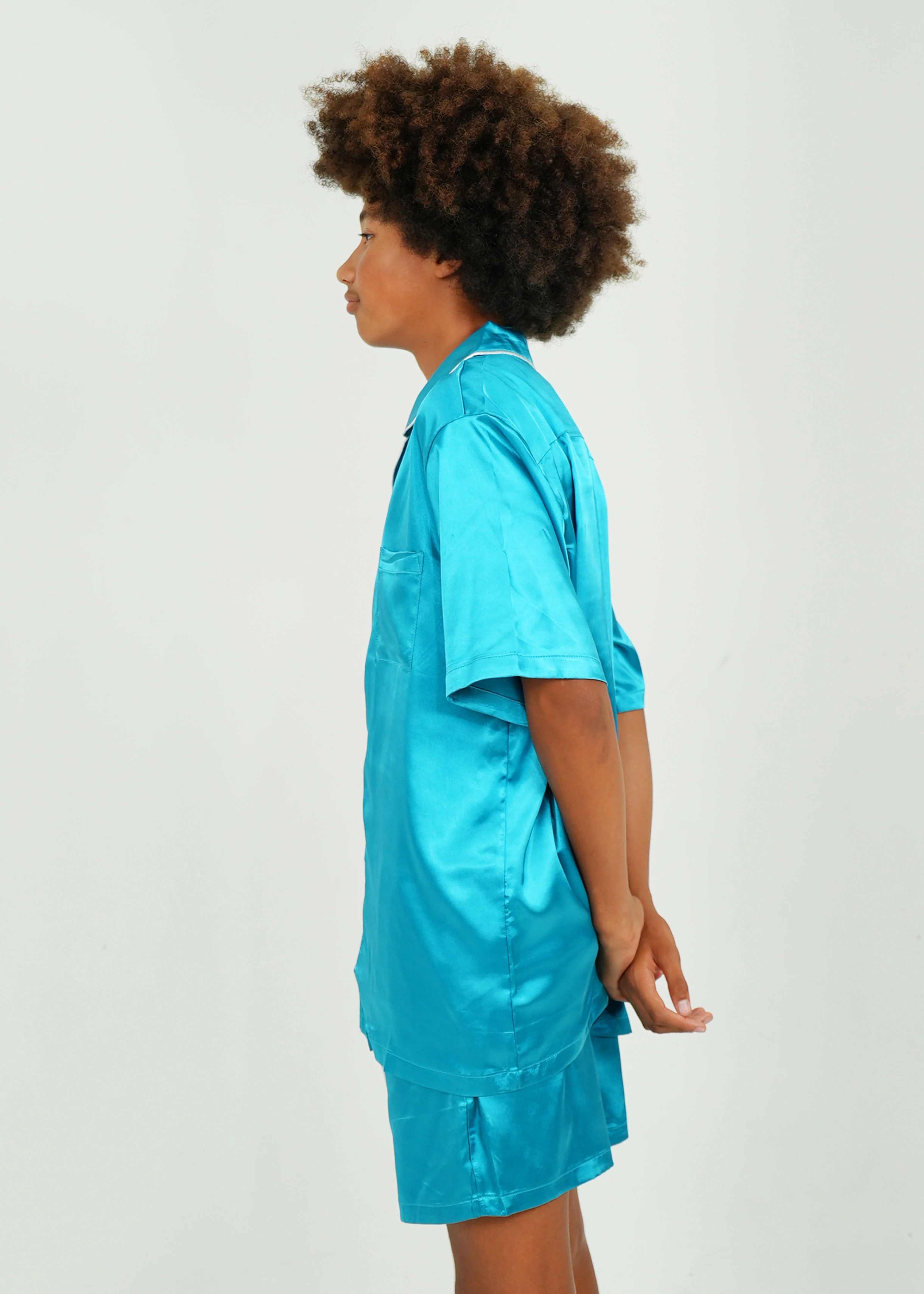 Mens Turquoise Satin Short Pyjama Set - Image 4