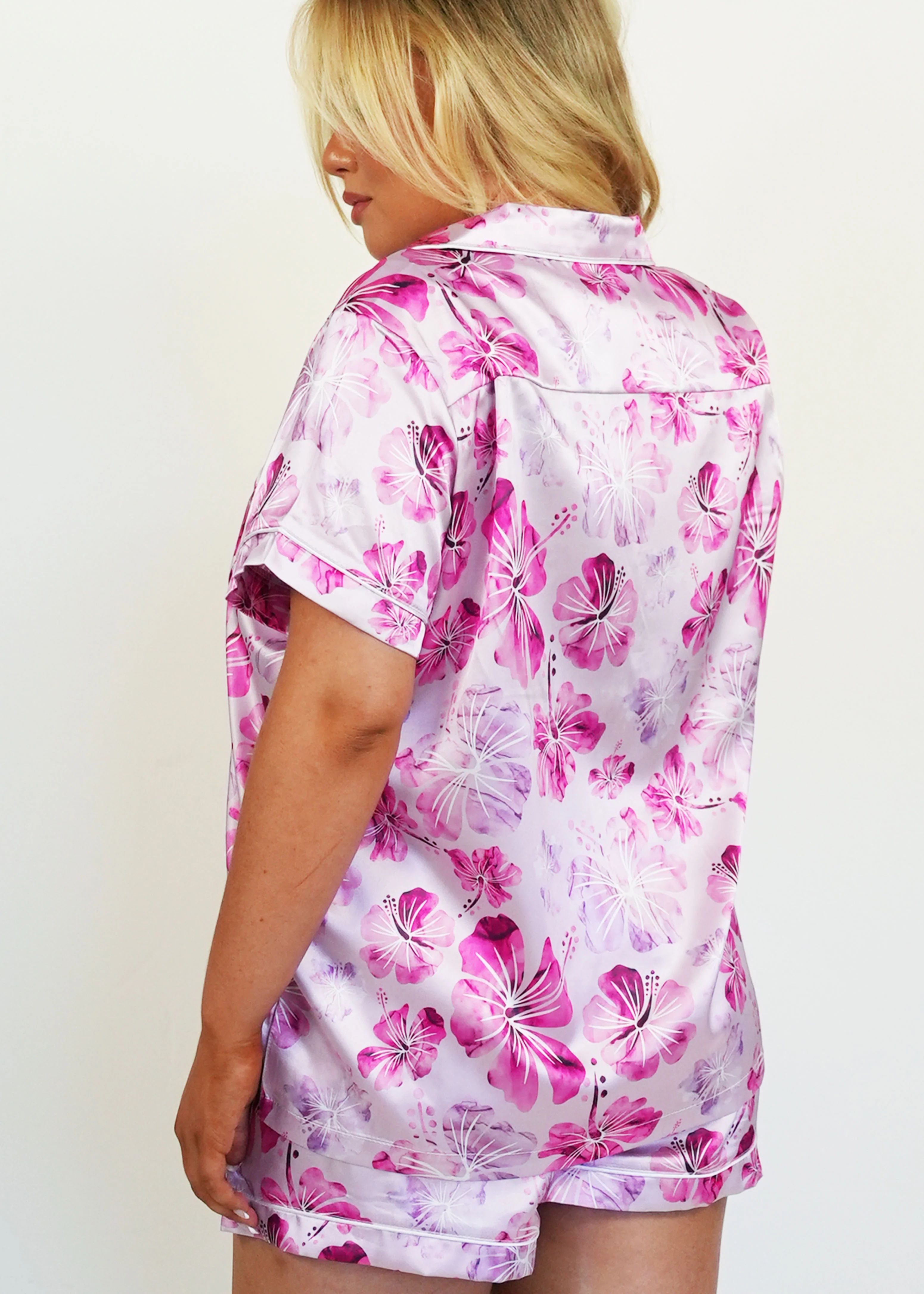 Pink Hibiscus Short Satin Pyjama Set - Image 6