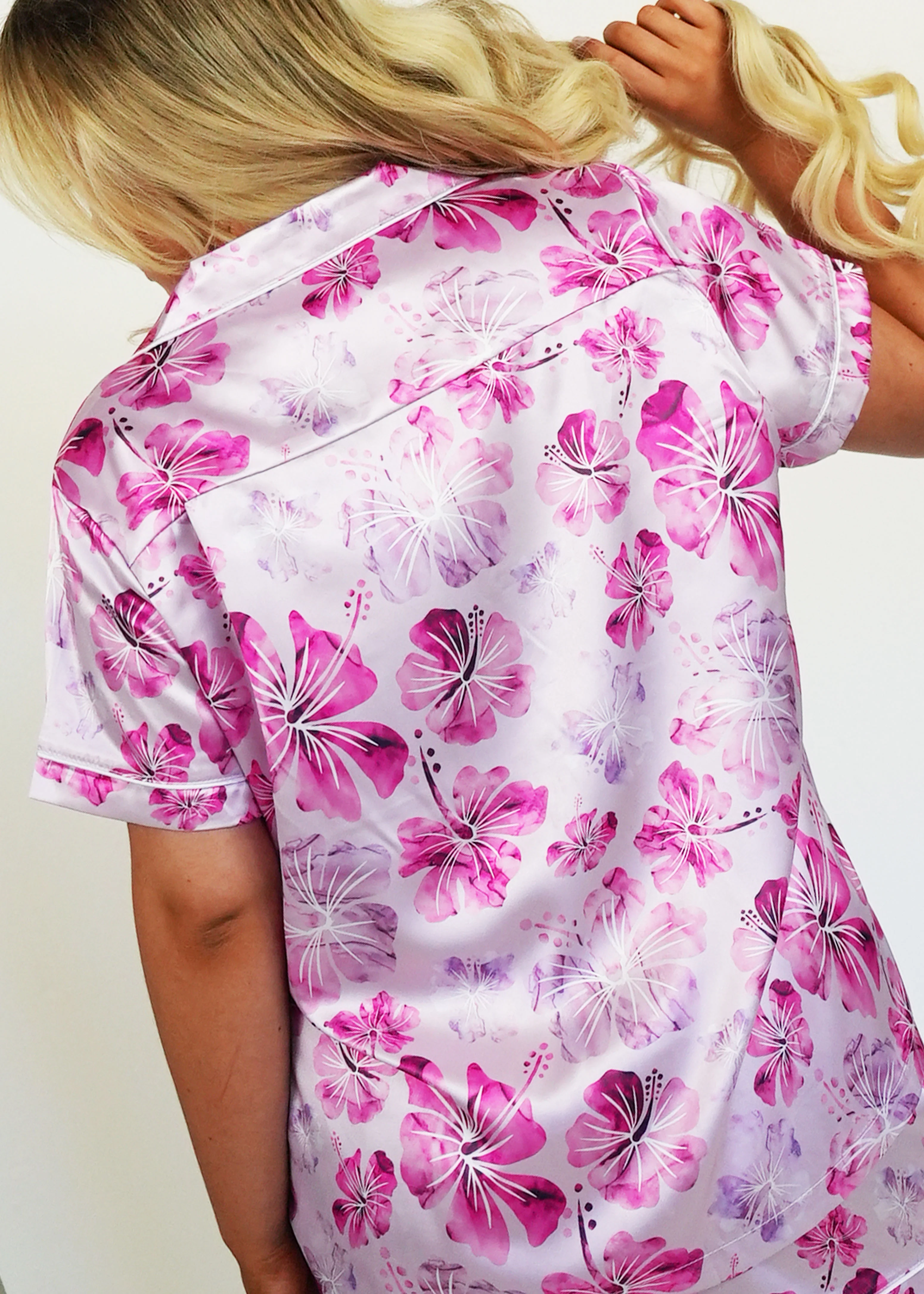 Pink Hibiscus Short Satin Pyjama Set - Image 7