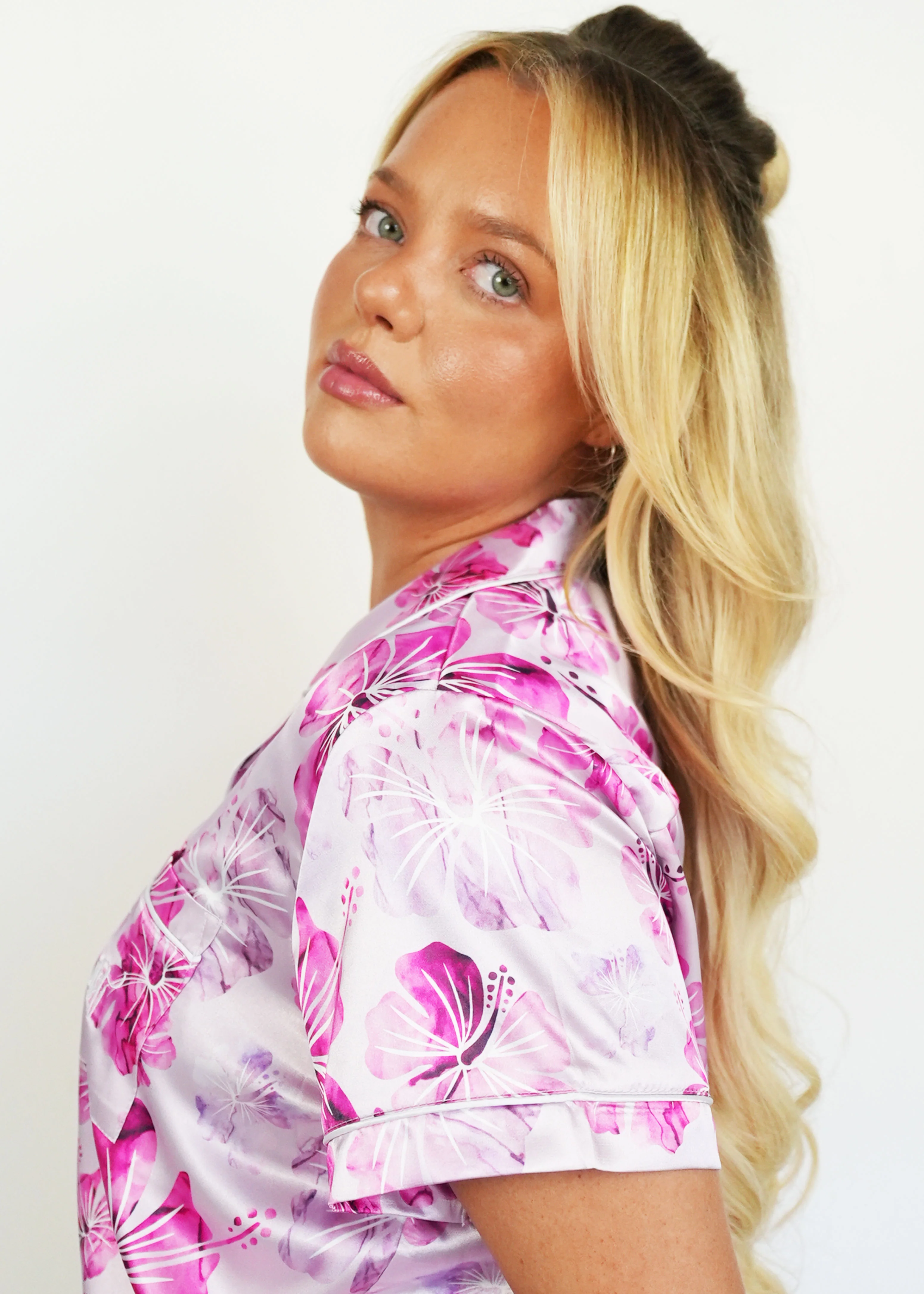 Pink Hibiscus Short Satin Pyjama Set - Image 8