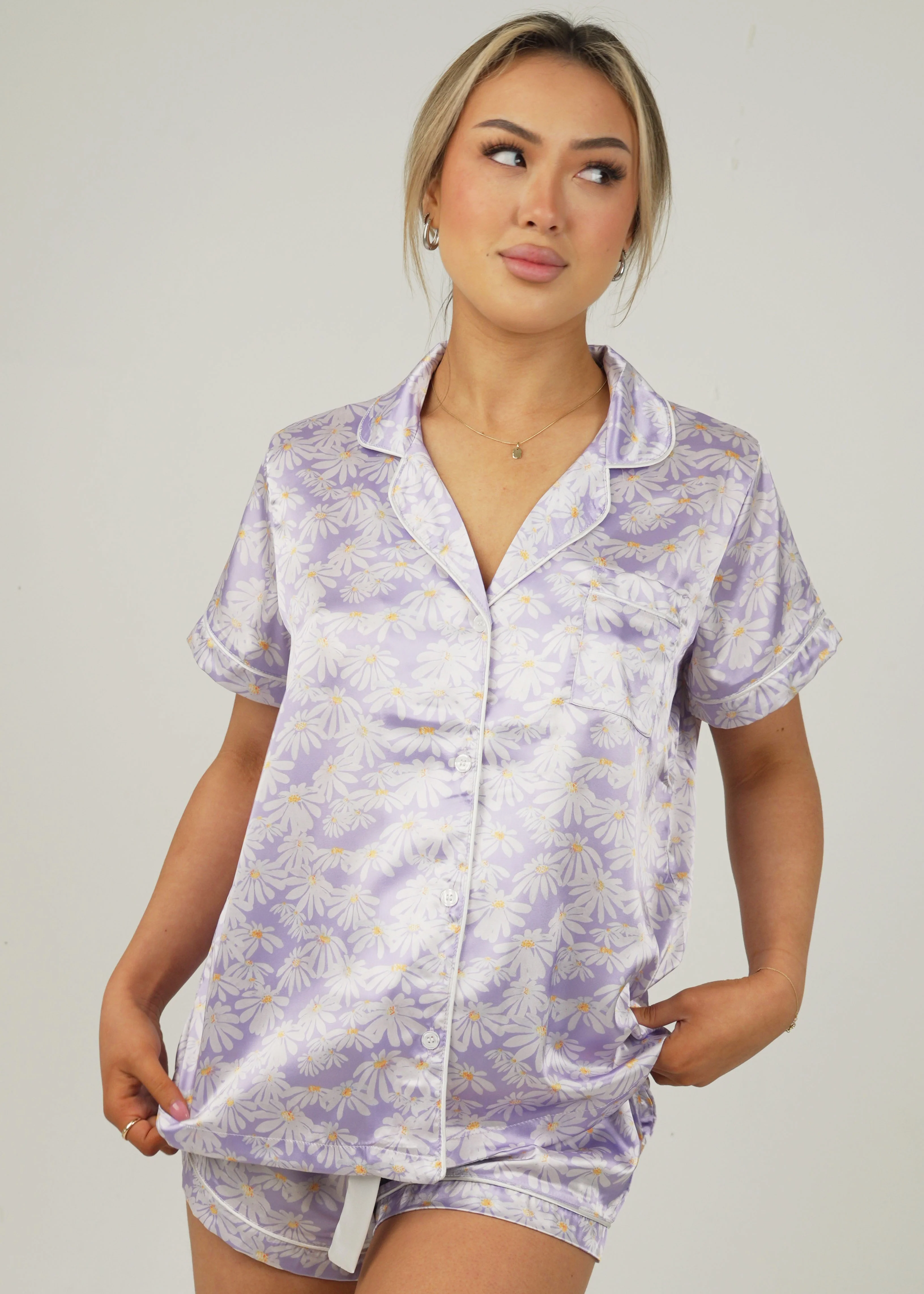 Purple Daisy Satin Short Pyjama Set - Image 4