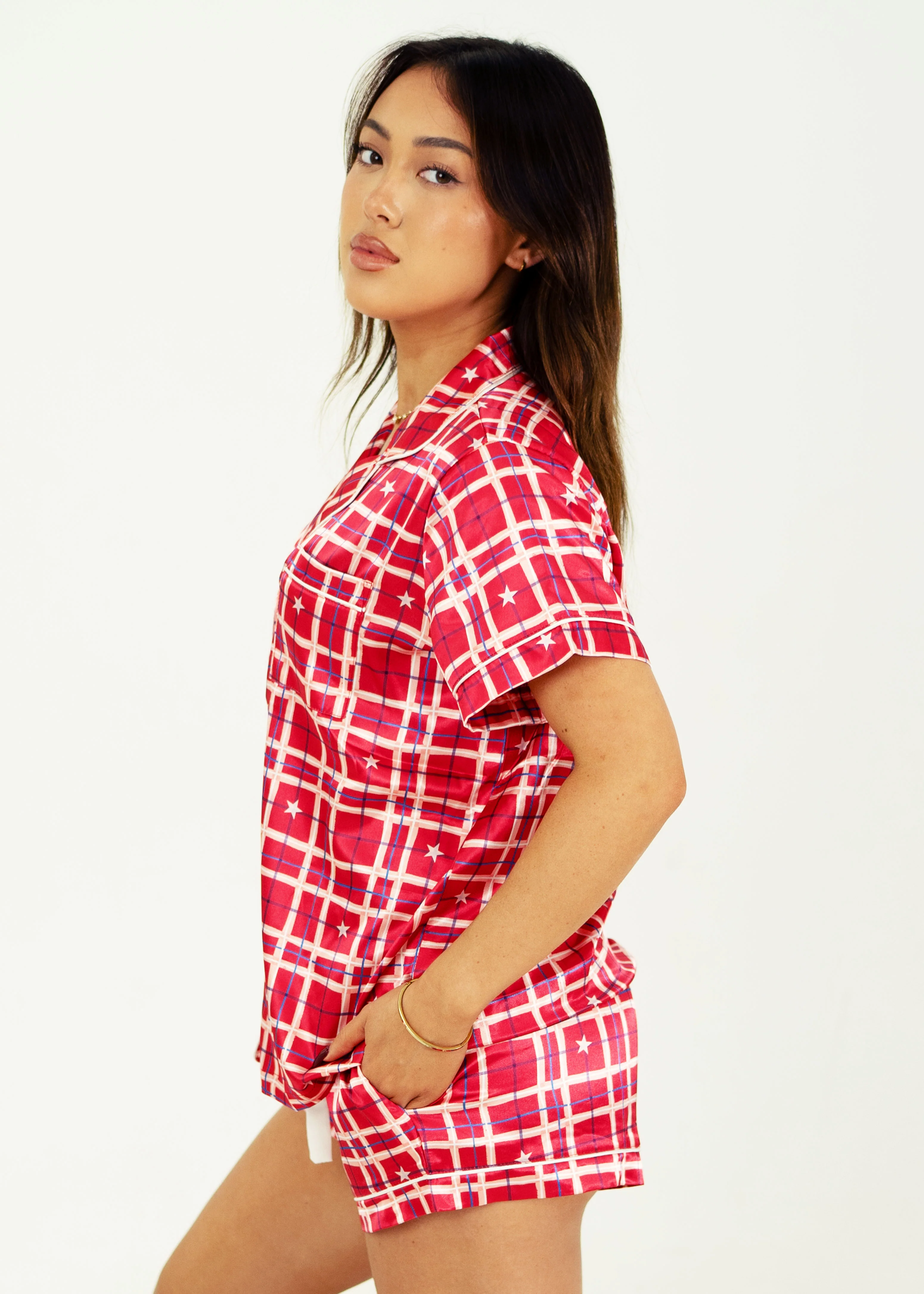 Starry Tartan Red Satin Short PJ Set - Image 4