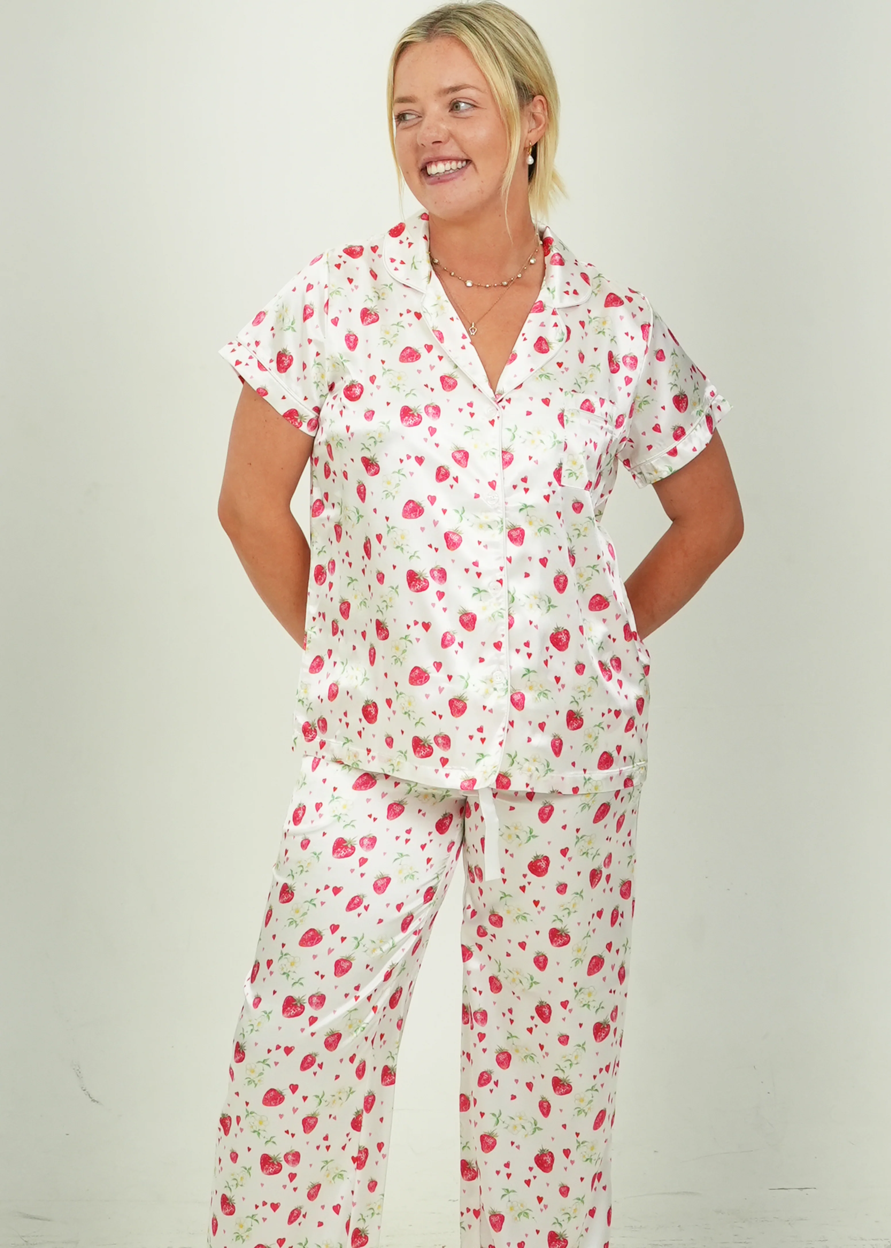 Girls - Strawberries Satin Short Top/ Long Pants Pyjama Set - Image 3