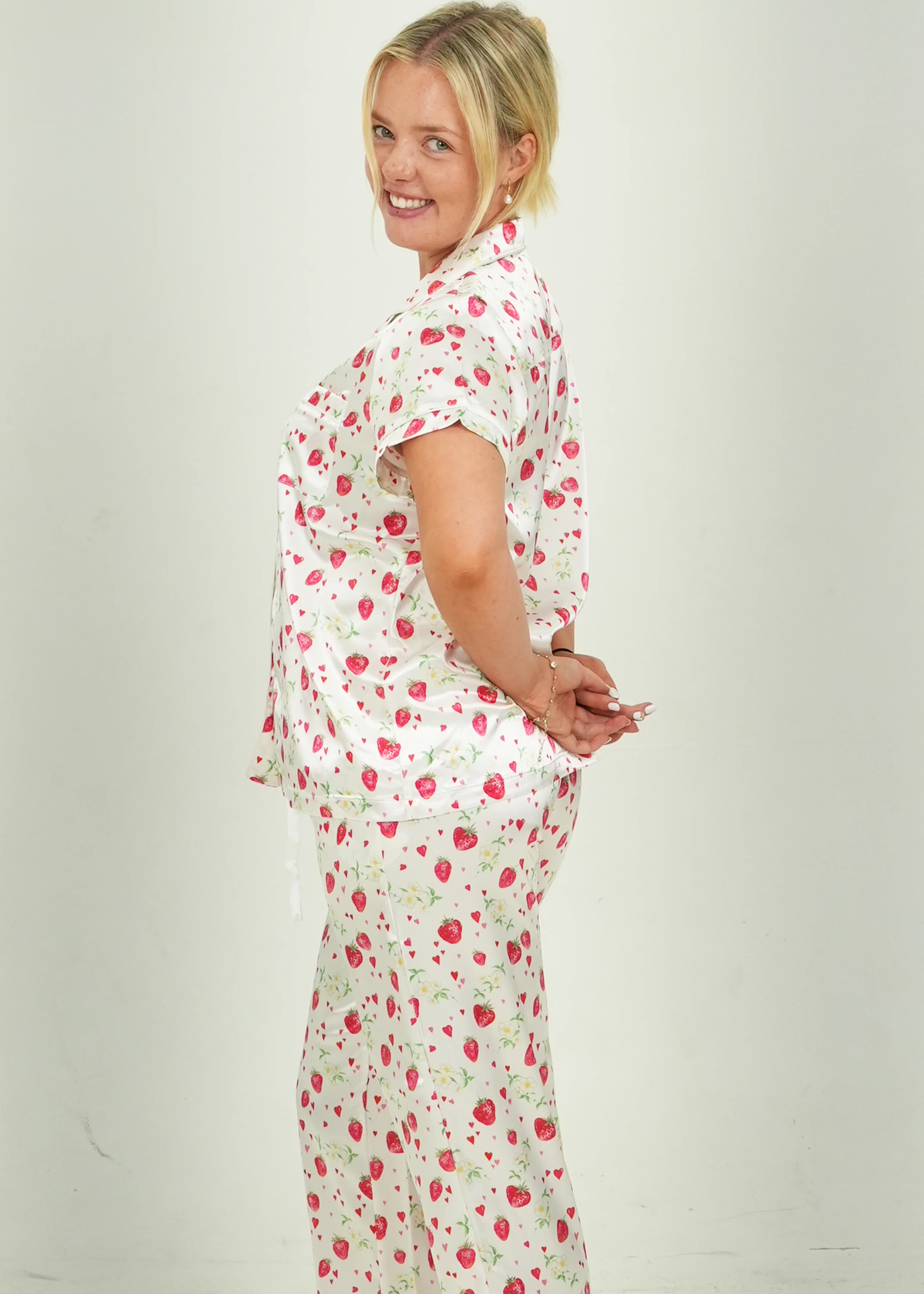 Girls - Strawberries Satin Short Top/ Long Pants Pyjama Set - Image 4