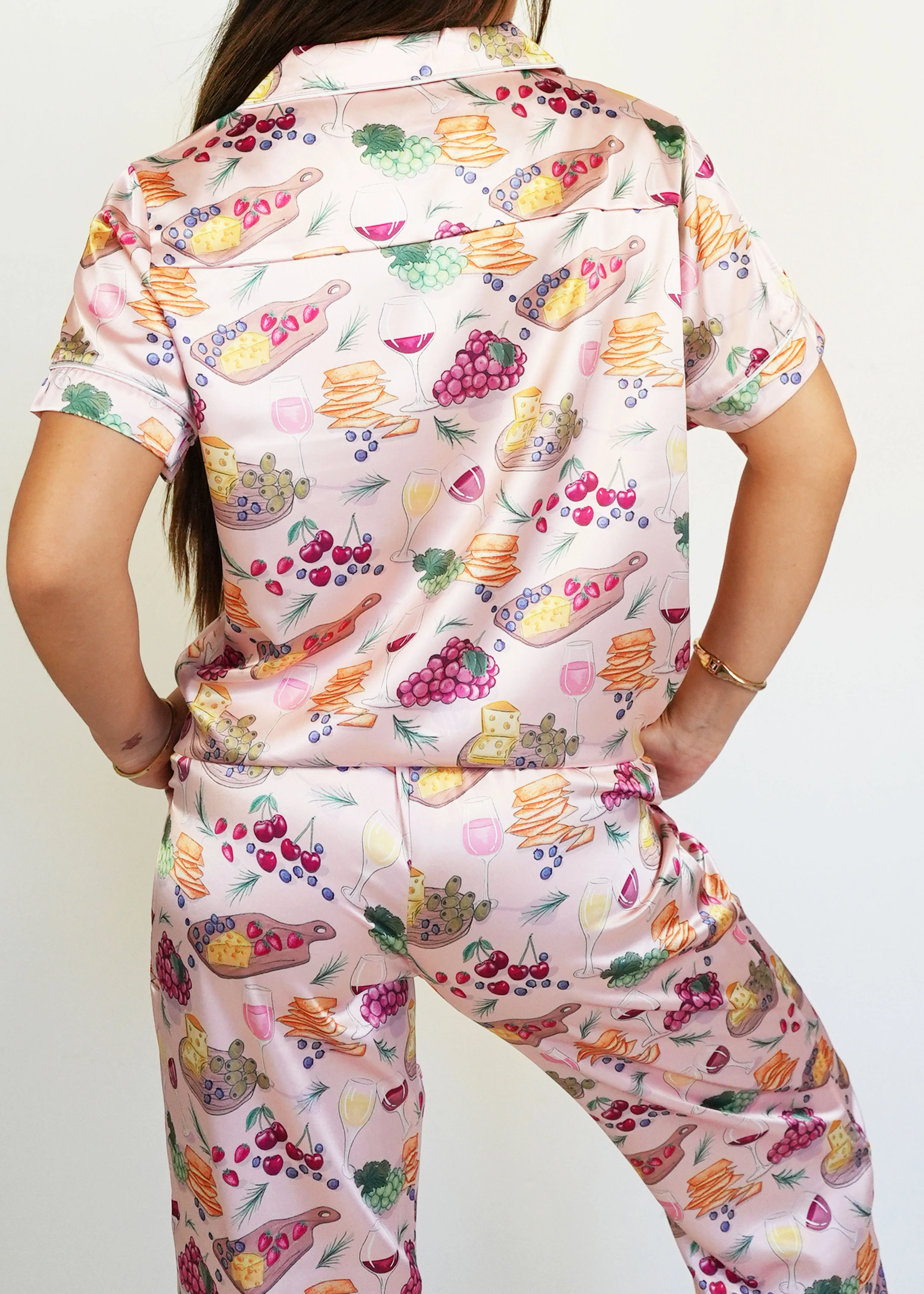 Wine & Cheese Short Top / Long Pants Satin PJ Set - Image 5