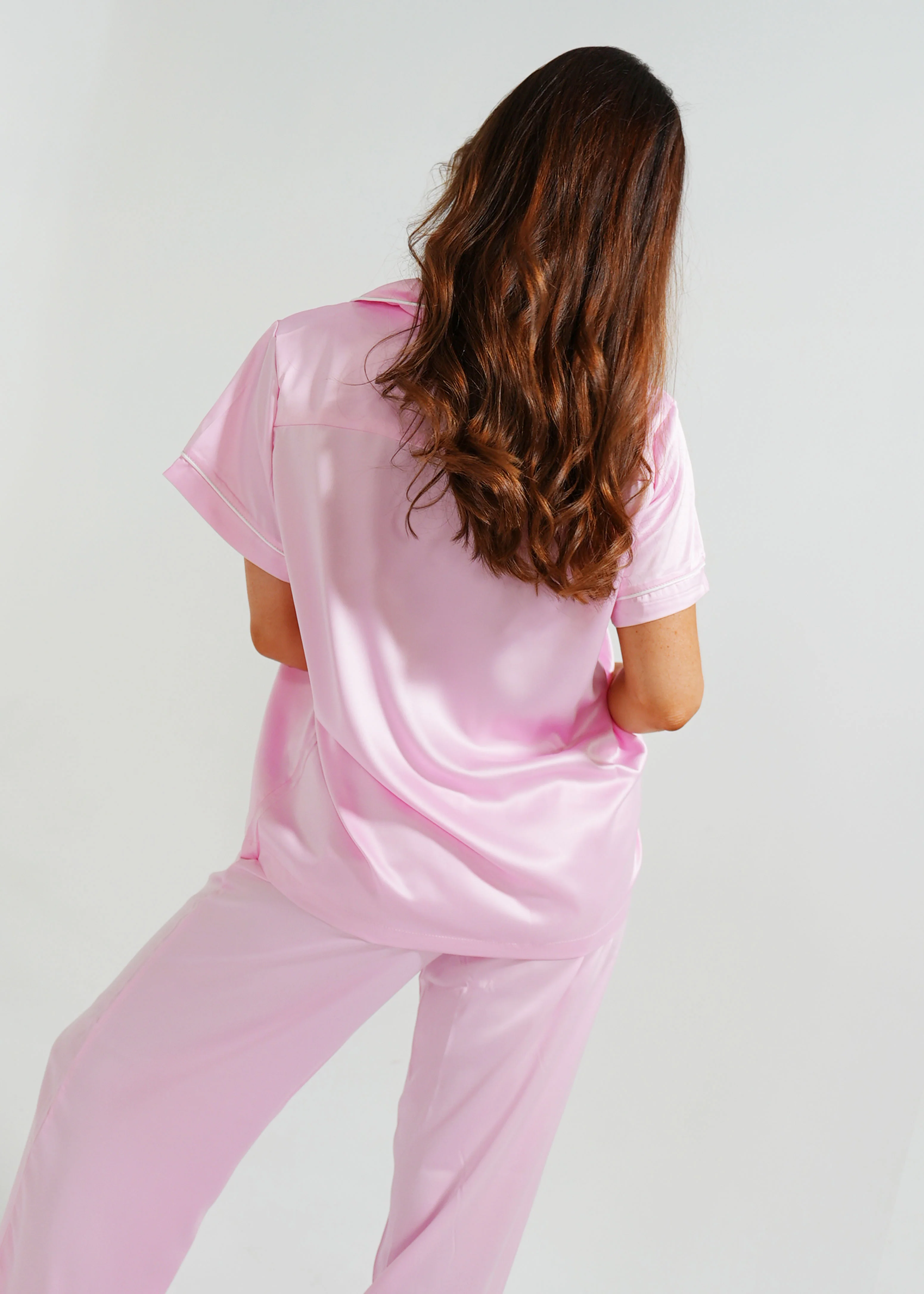 Baby Pink Matte Satin Long Pyjama Set - Image 3