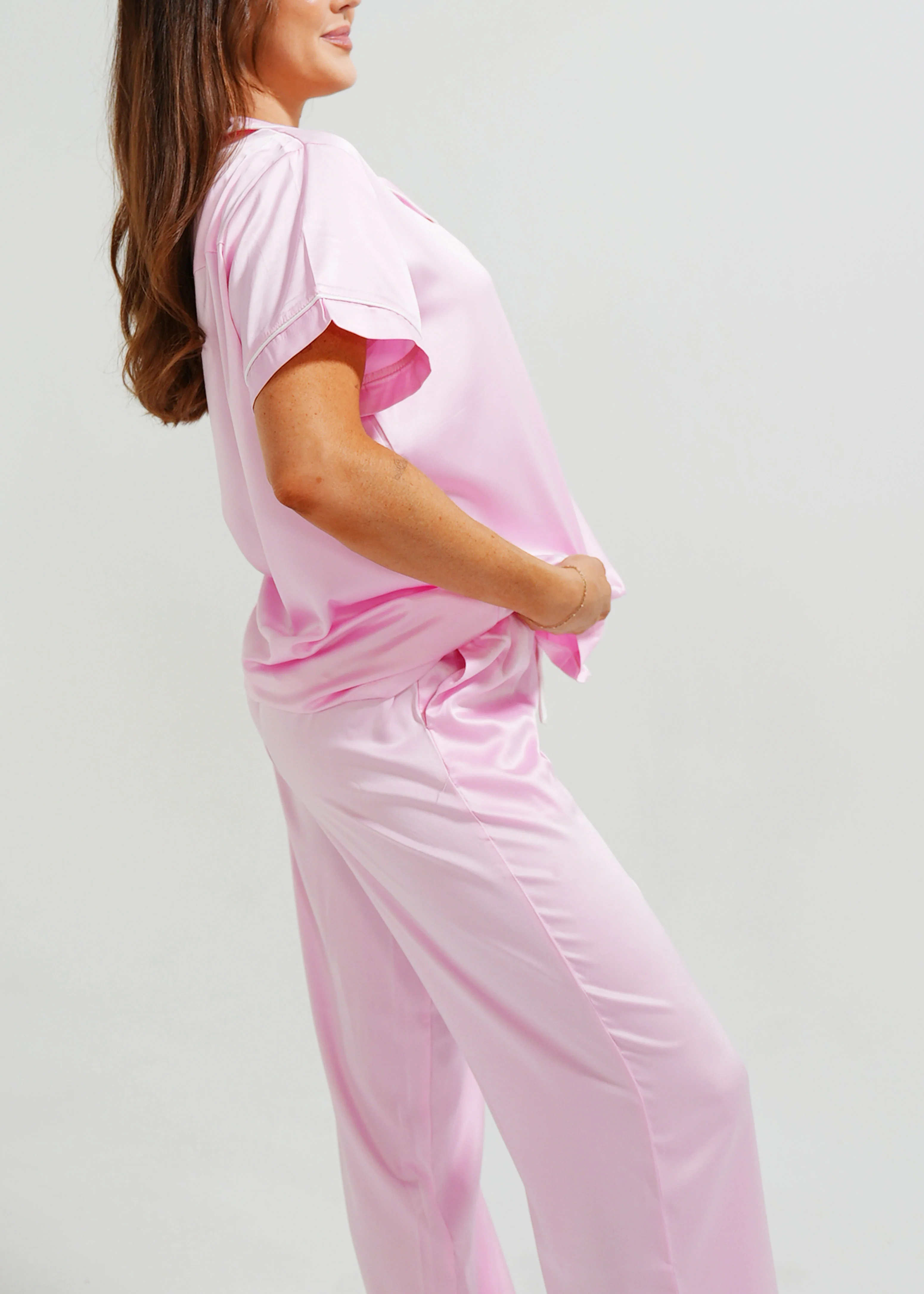 Baby Pink Matte Satin Long Pyjama Set - Image 5