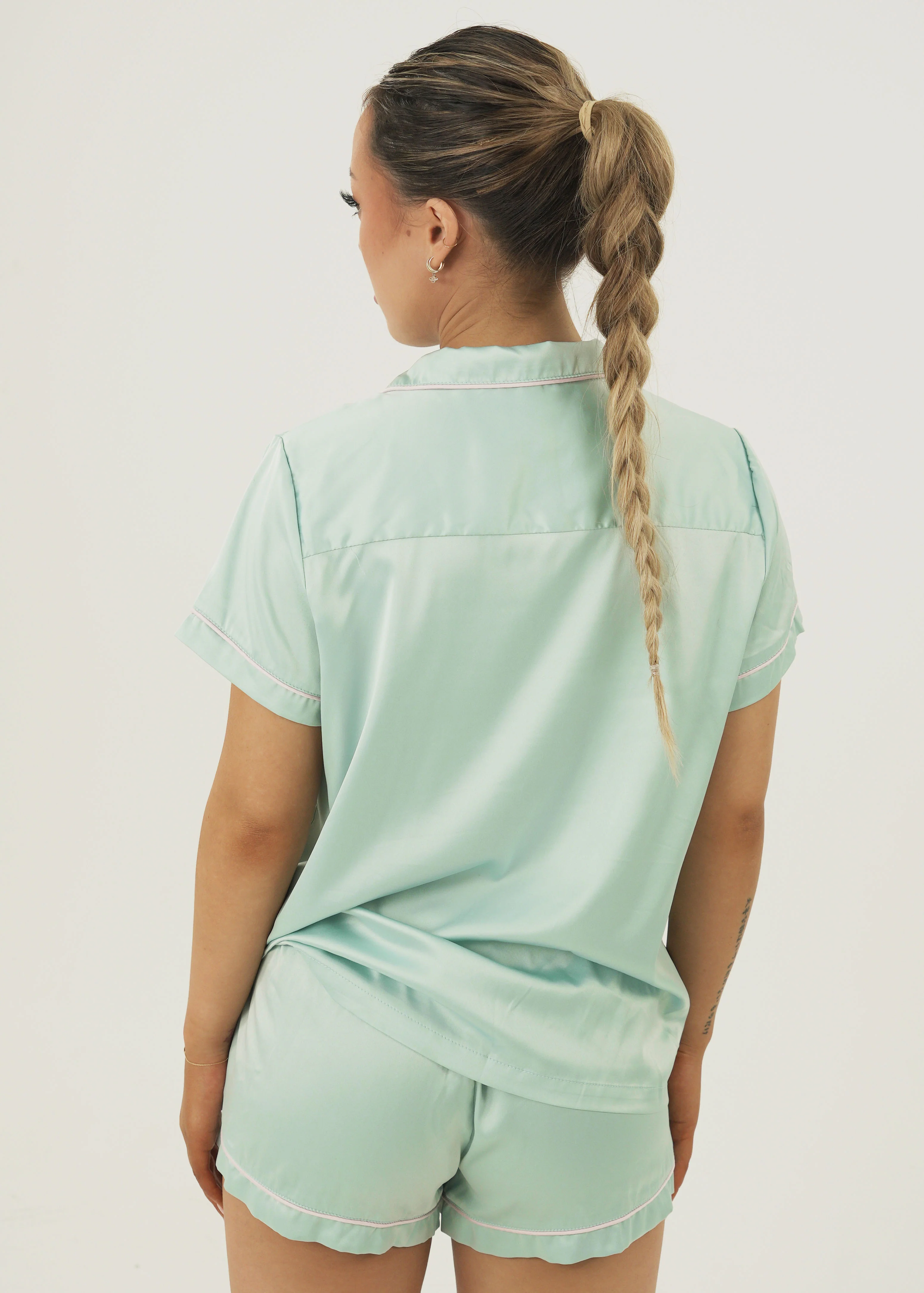 Bubblegum Green Matte Satin Short Pyjama Set - Image 3