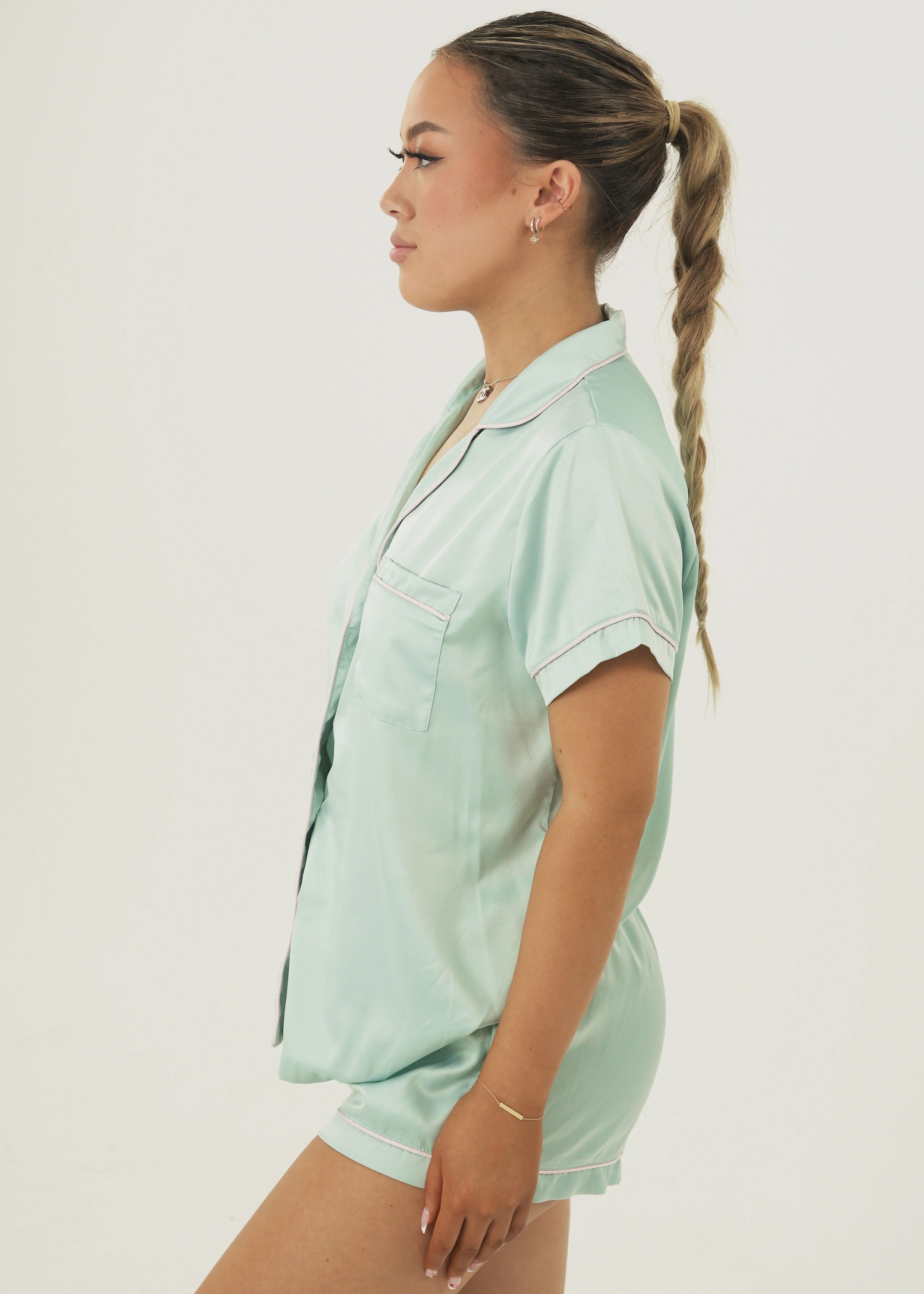 Bubblegum Green Matte Satin Short Pyjama Set - Image 4