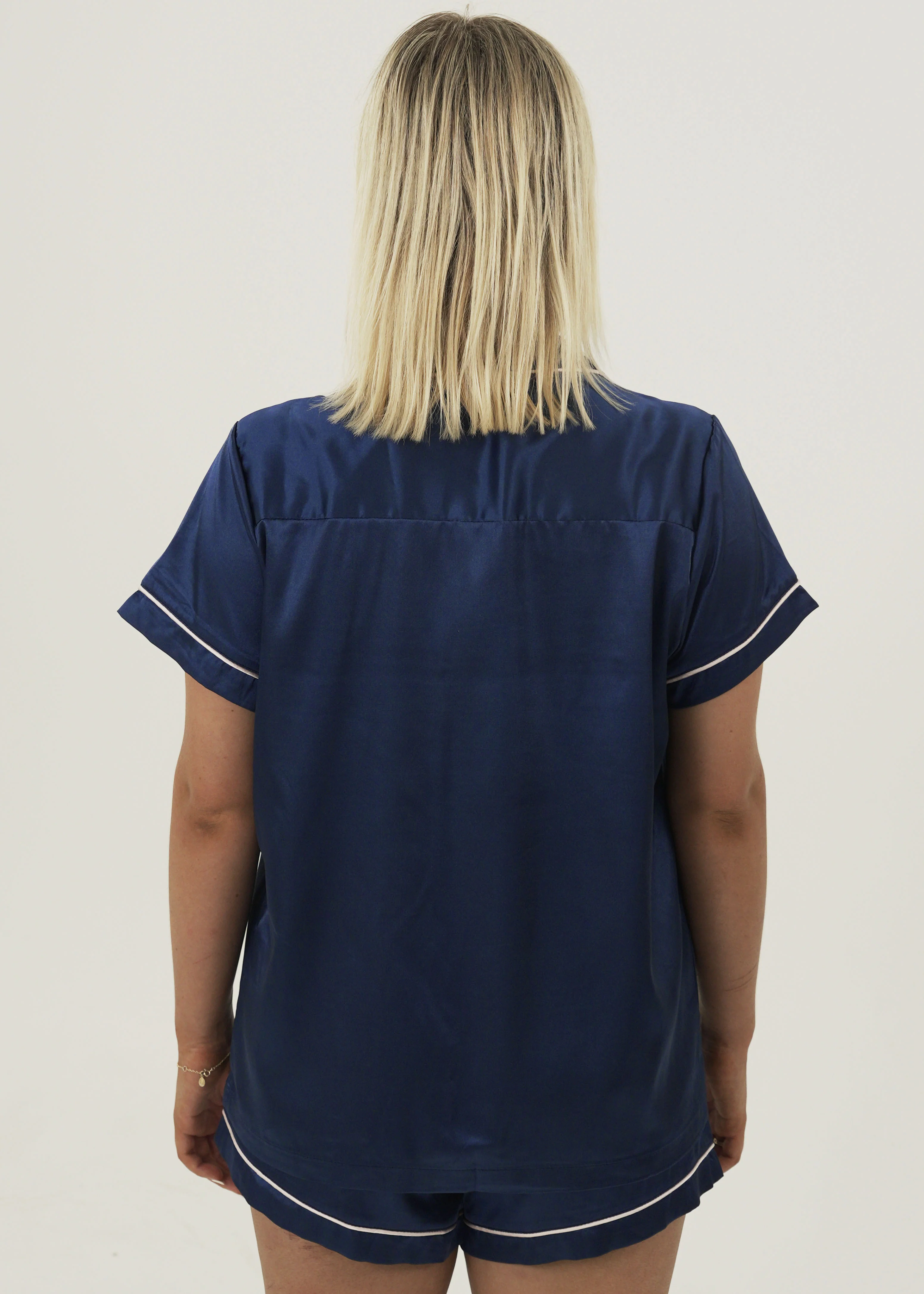 Womens Navy Blue Satin Short Pyjama Set - Image 4