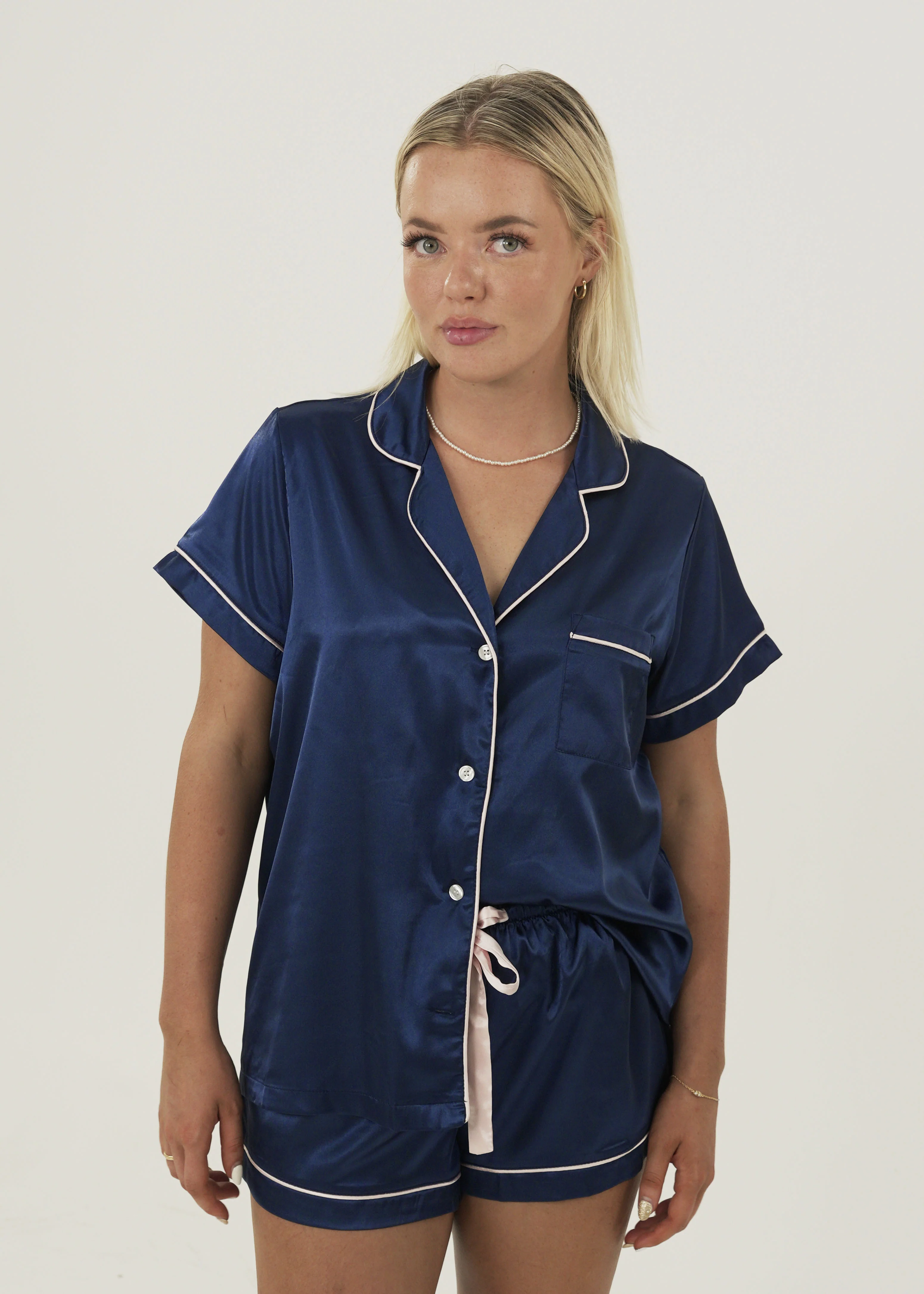 Womens Navy Blue Satin Short Pyjama Set - Image 5