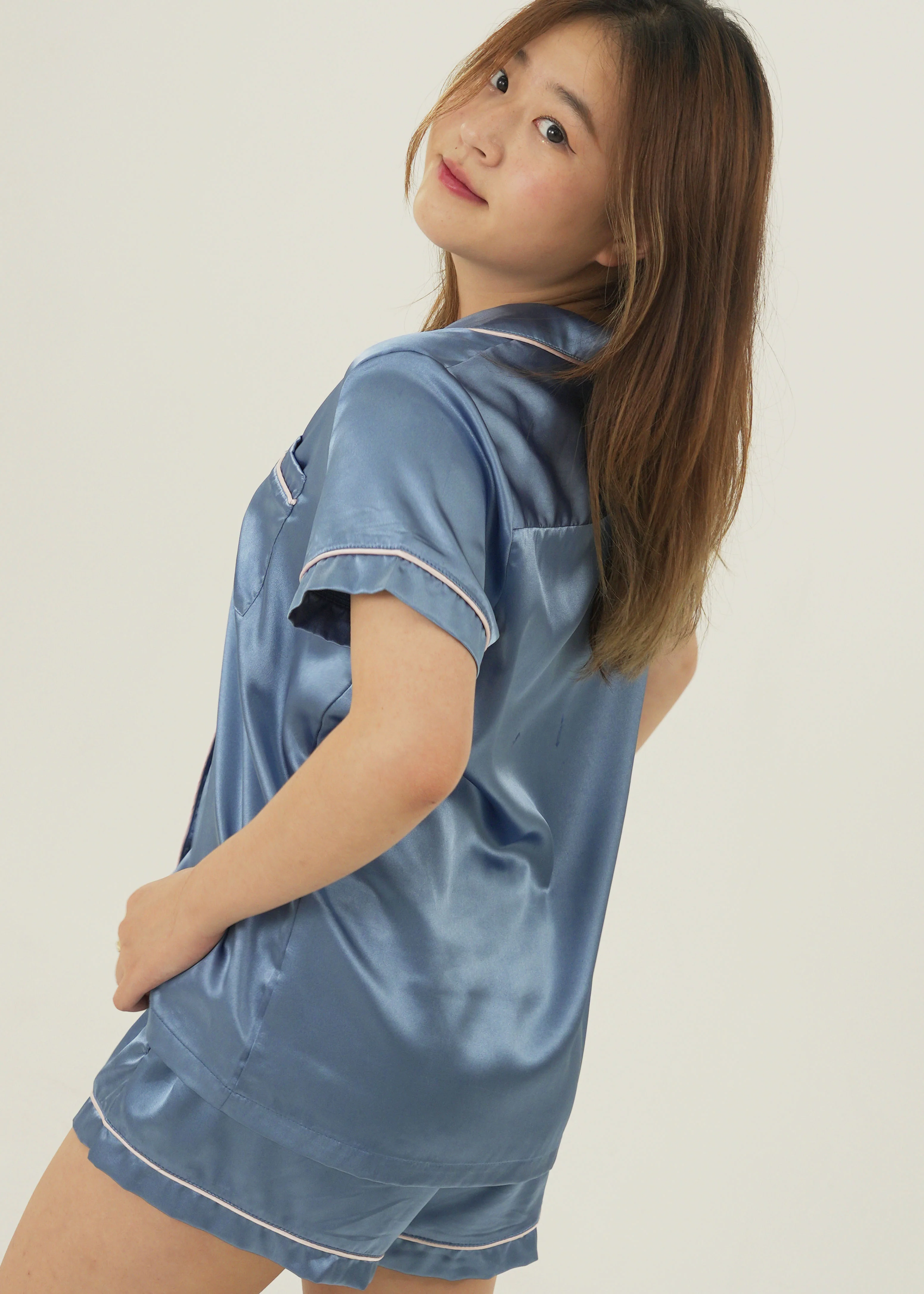 Womens Royal Blue Satin Short Pyjama Set - Image 3