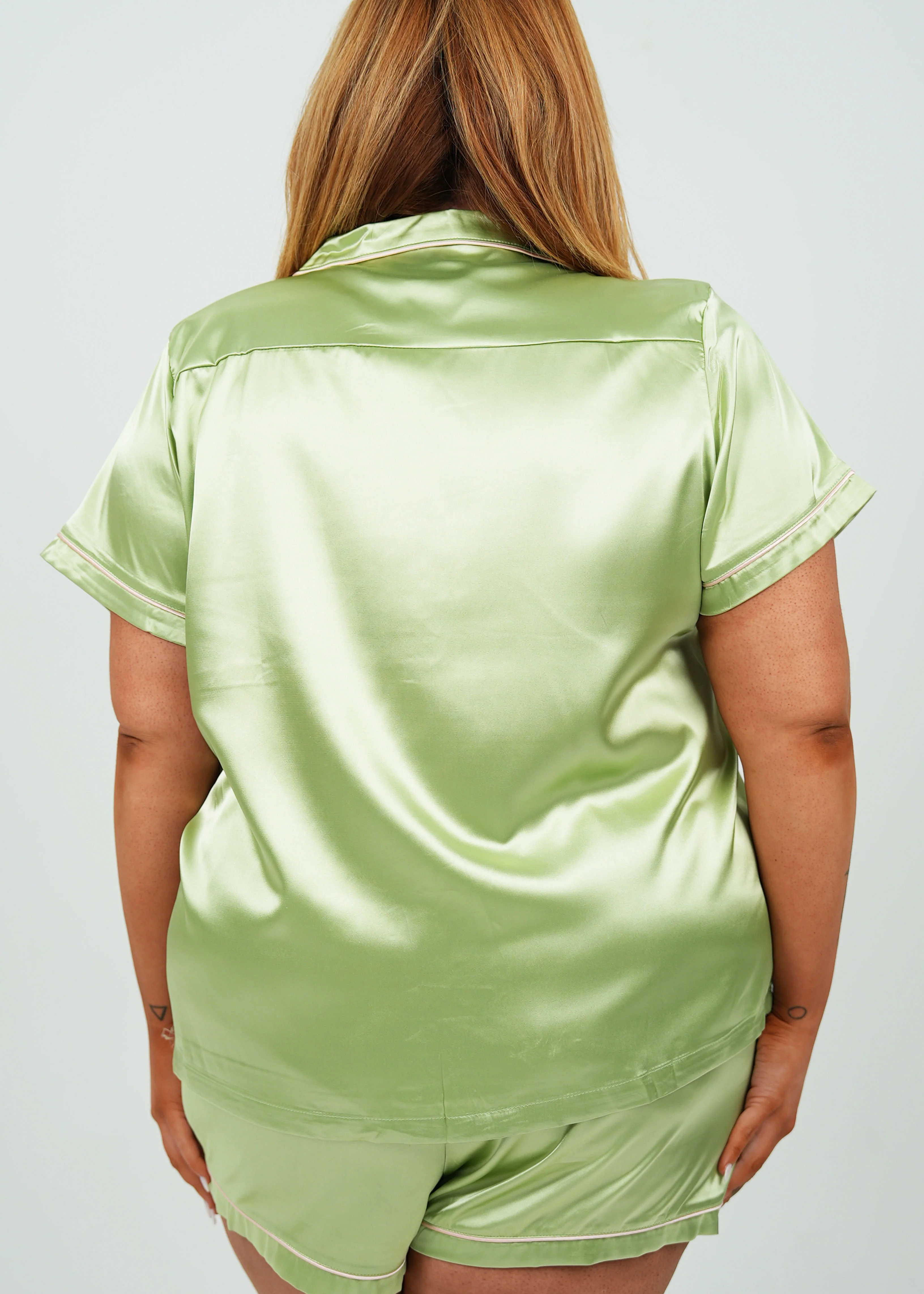 Womens Sage Green Satin Short Pyjama Set - Image 5