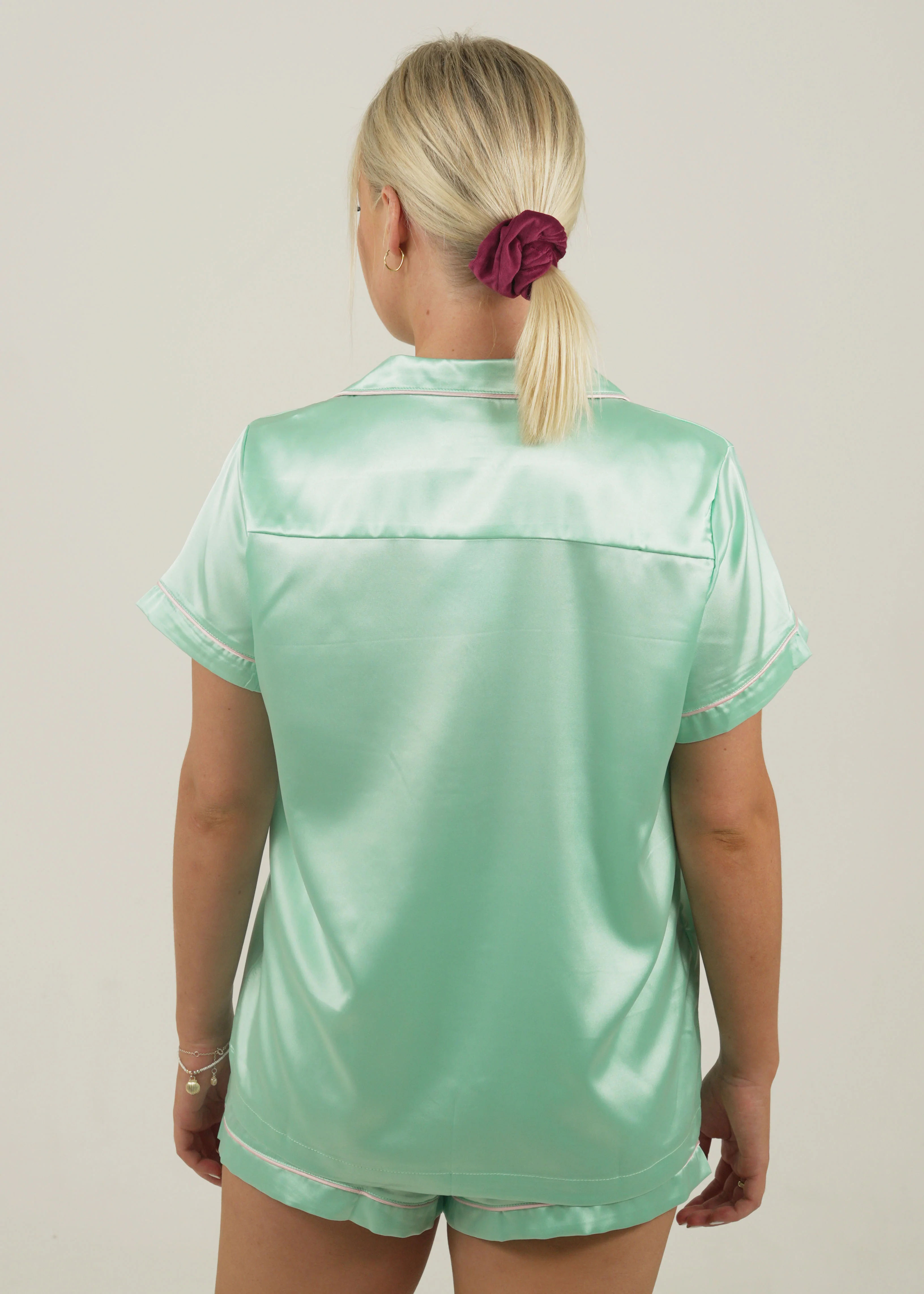 Womens Watermelon Green Satin Short Pyjama Set - Image 4